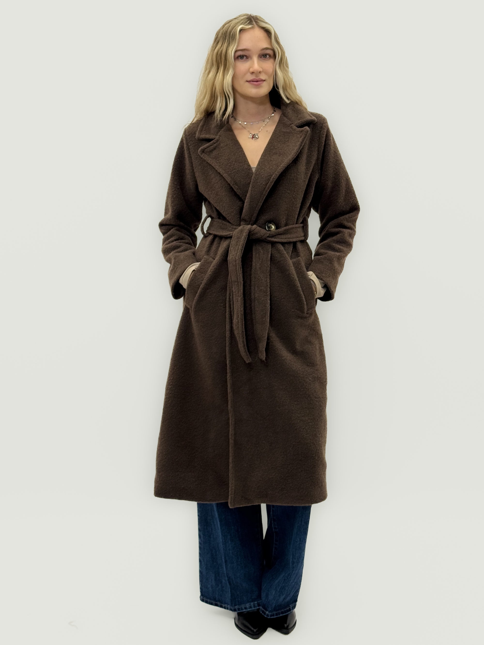 Cappotto bouclé con cintura in misto lana