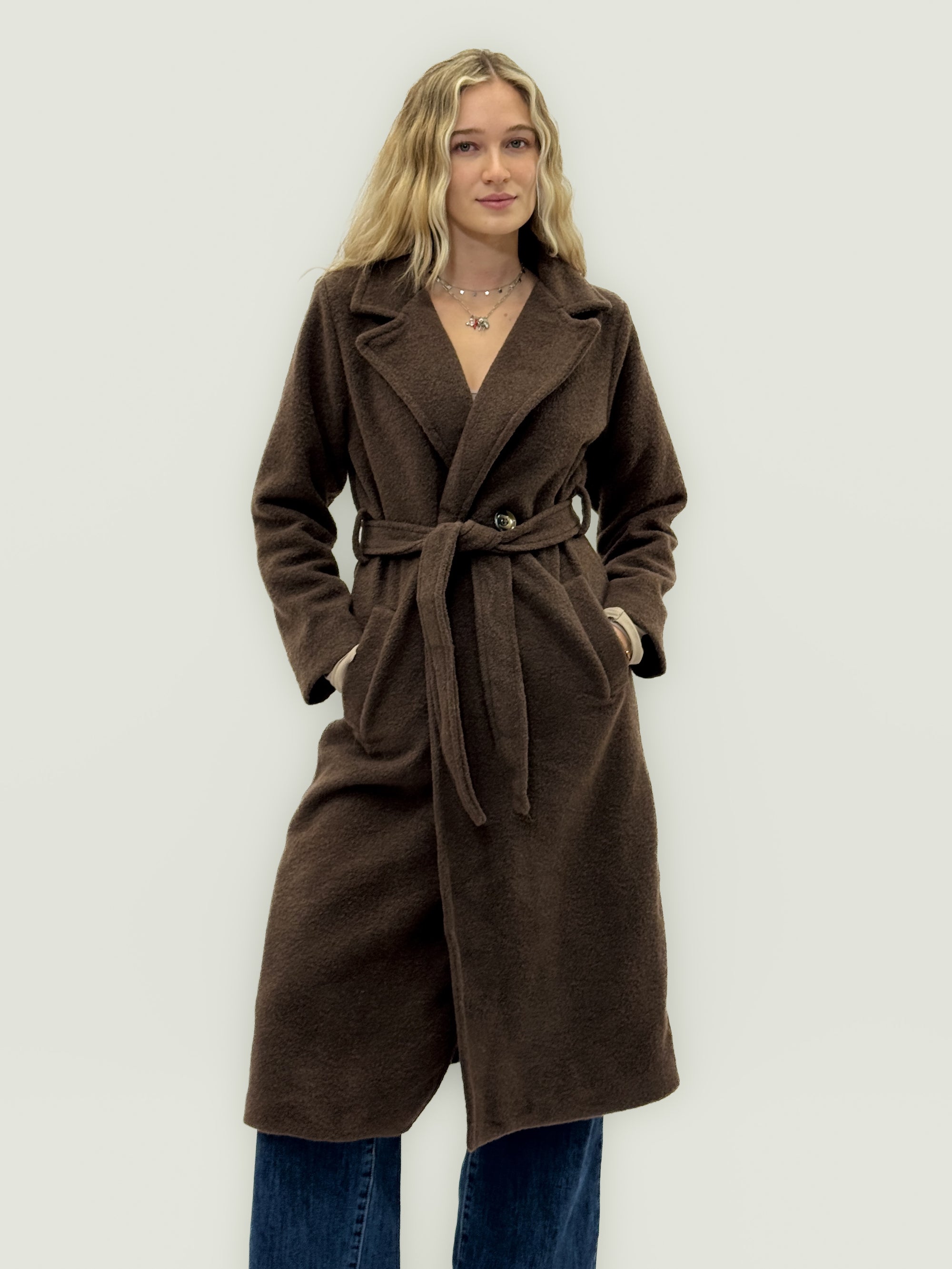 Cappotto bouclé con cintura in misto lana