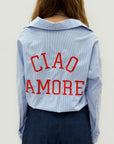 Camicia oversize a righe con ricamo “Ciao Amore”