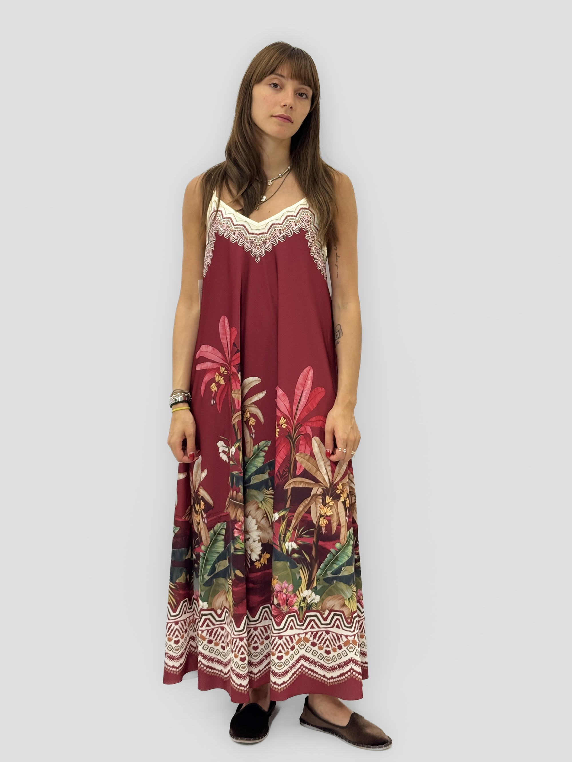 Abito Lungo Donna con Spalline Sottili e Fantasia Tropicale