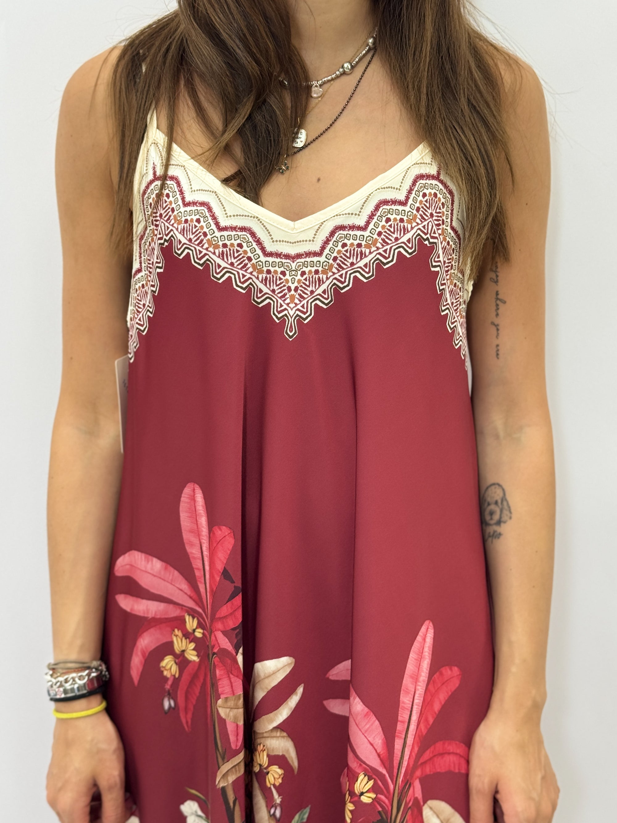 Abito Lungo Donna con Spalline Sottili e Fantasia Tropicale