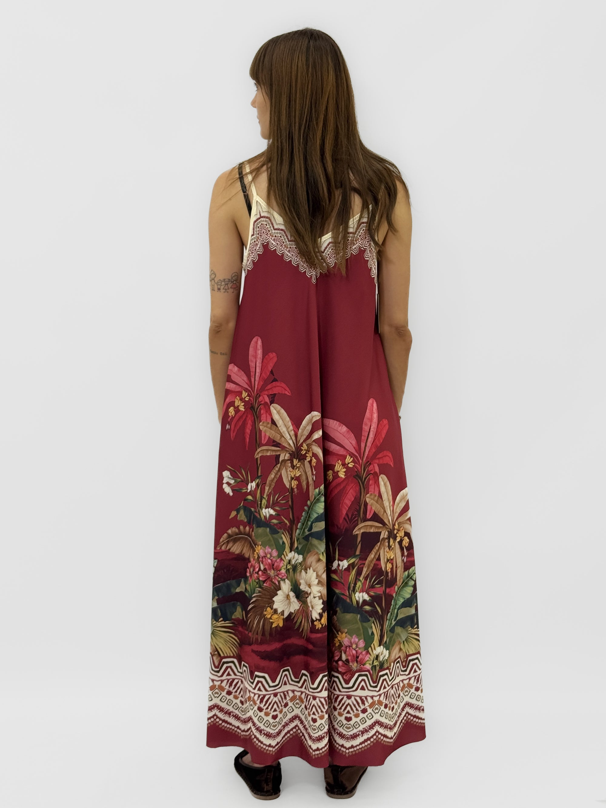 Abito Lungo Donna con Spalline Sottili e Fantasia Tropicale