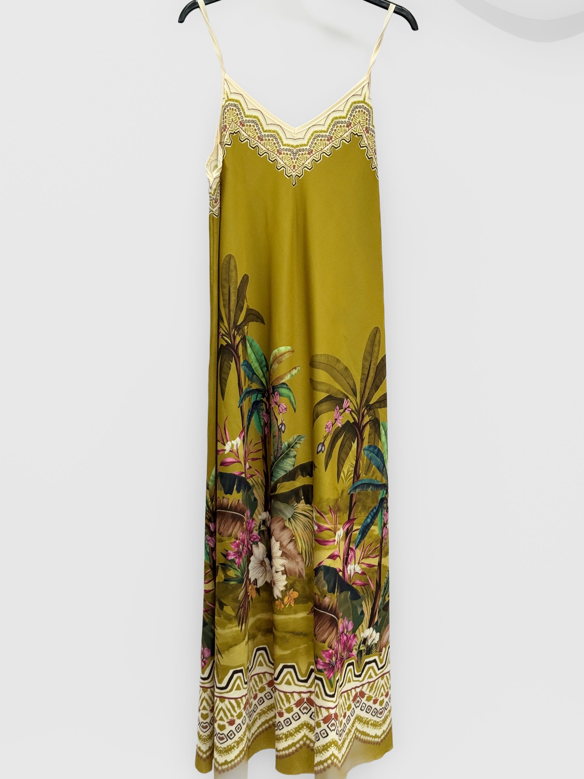 Abito Lungo Donna con Spalline Sottili e Fantasia Tropicale