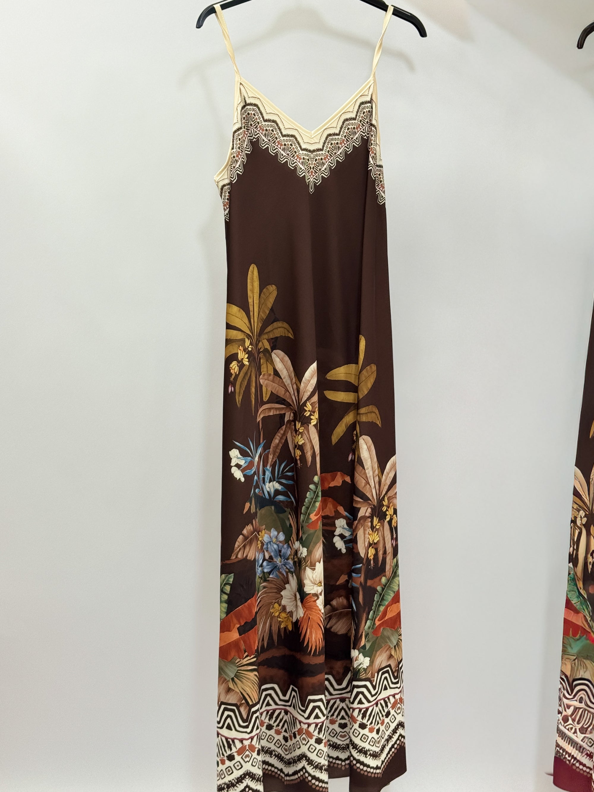 Abito Lungo Donna con Spalline Sottili e Fantasia Tropicale