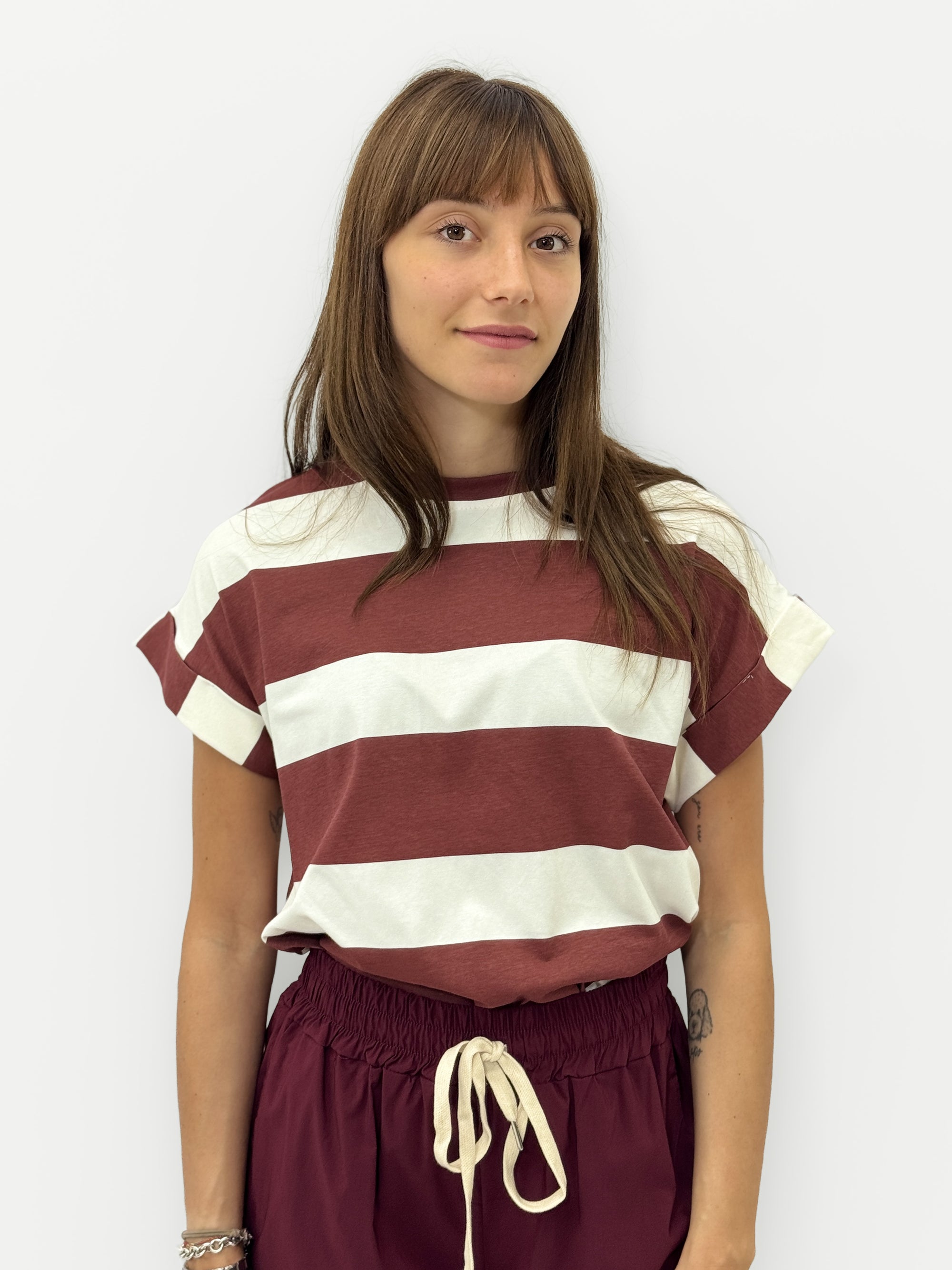 T-shirt Donna a Righe con Manica Corta Risvoltata