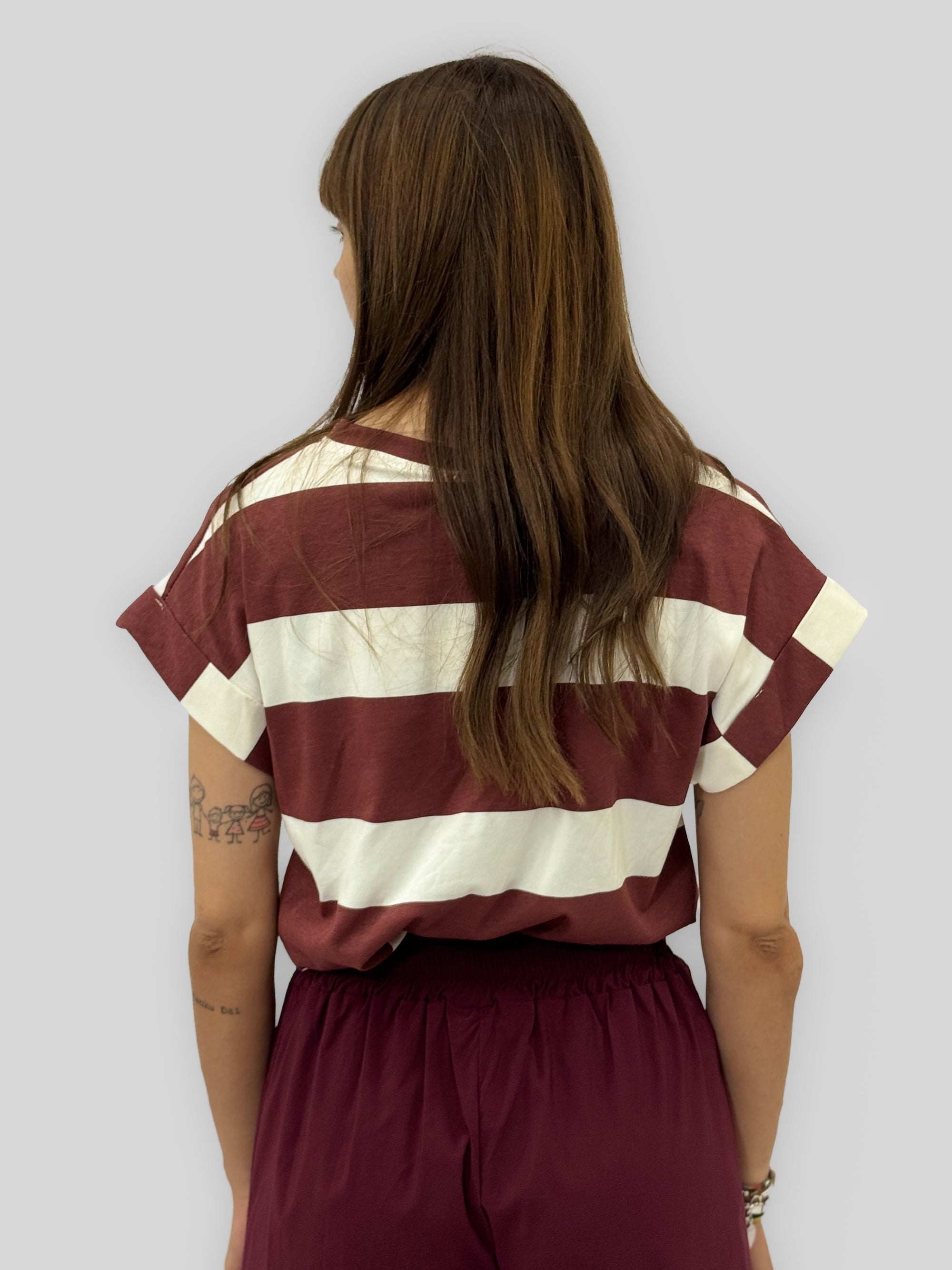 T-shirt Donna a Righe con Manica Corta Risvoltata