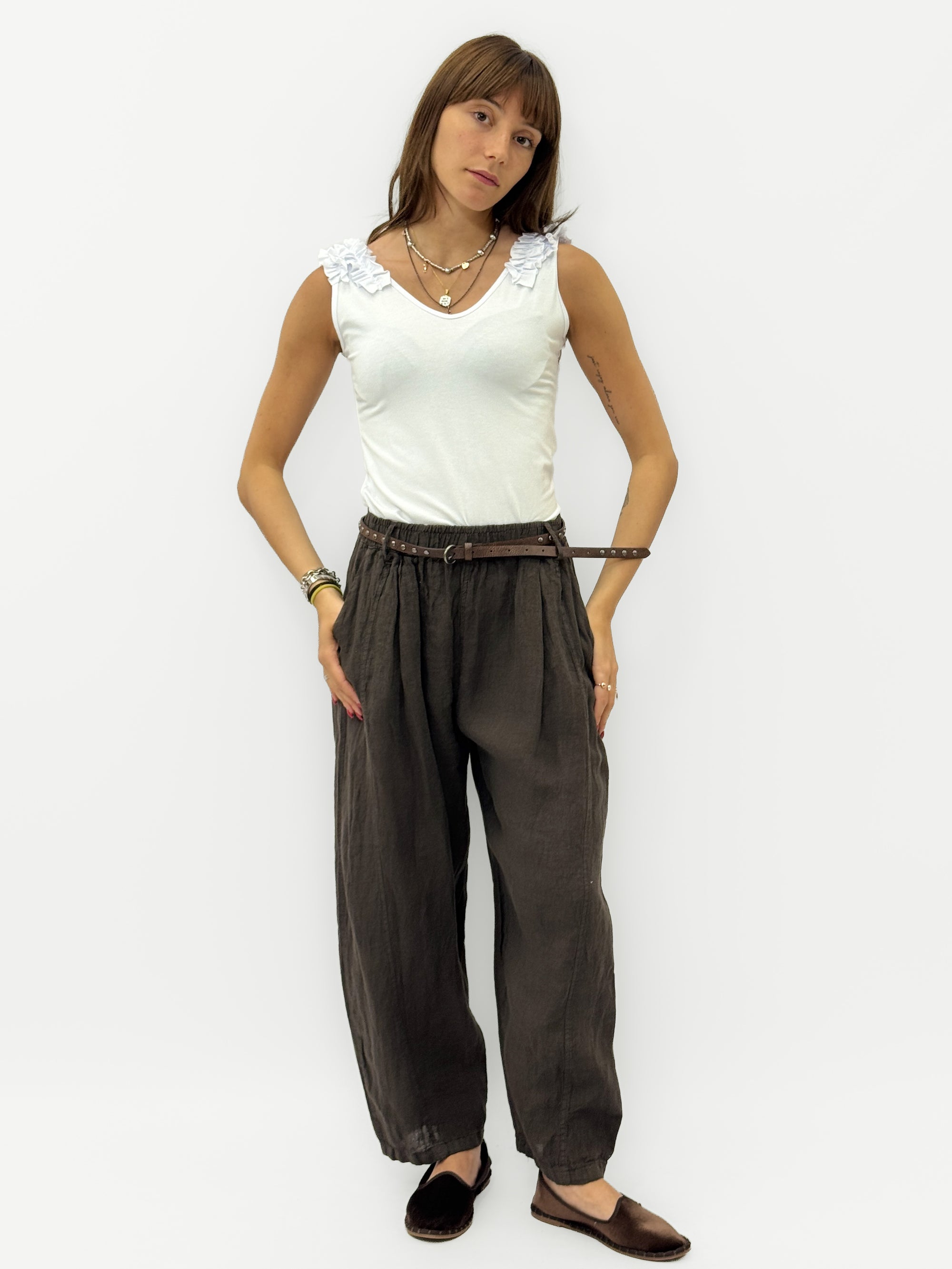 Pantaloni in Lino con Vita Elasticizzata e Gamba Morbida