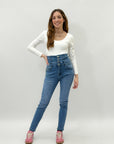 Pantaloni skinny vita alta con bottoni petite
