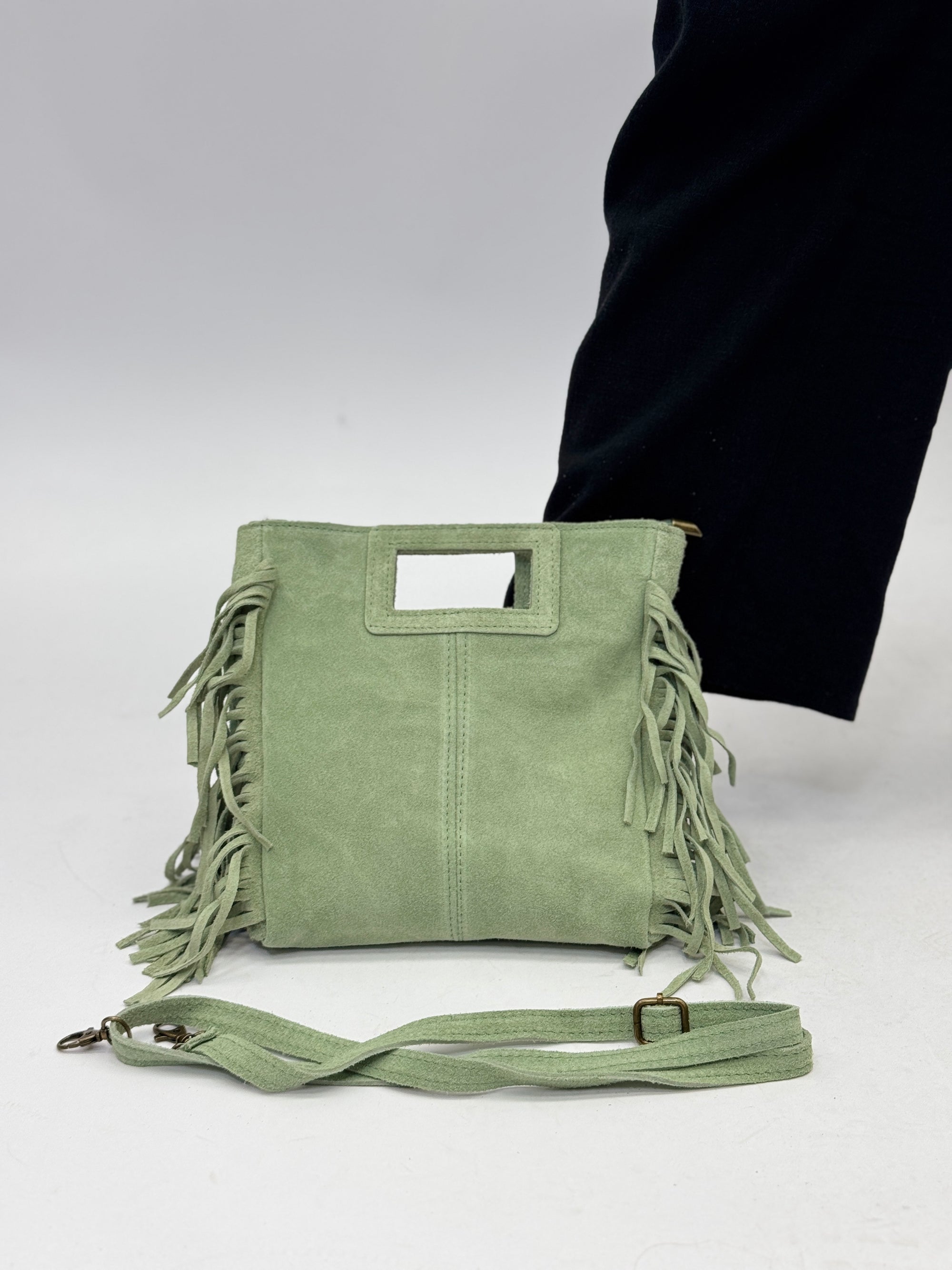 Borsa vera pelle scamosciata con frange