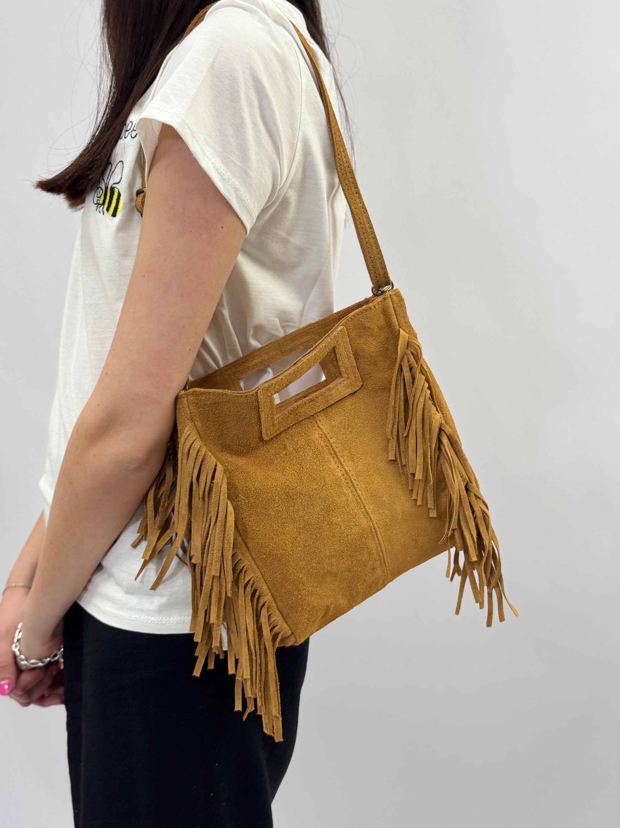 Borsa vera pelle scamosciata con frange