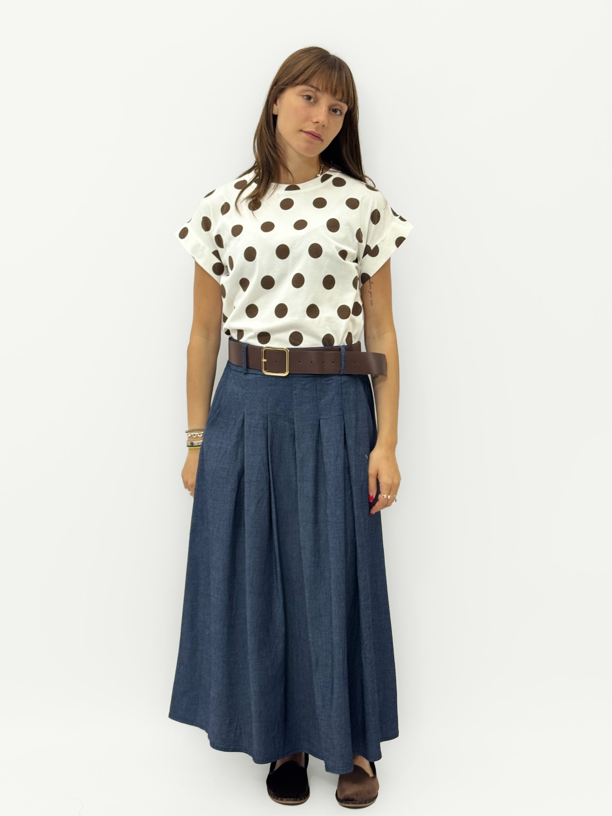 Gonna in Jeans Lunga con Pinces e Vita Alta