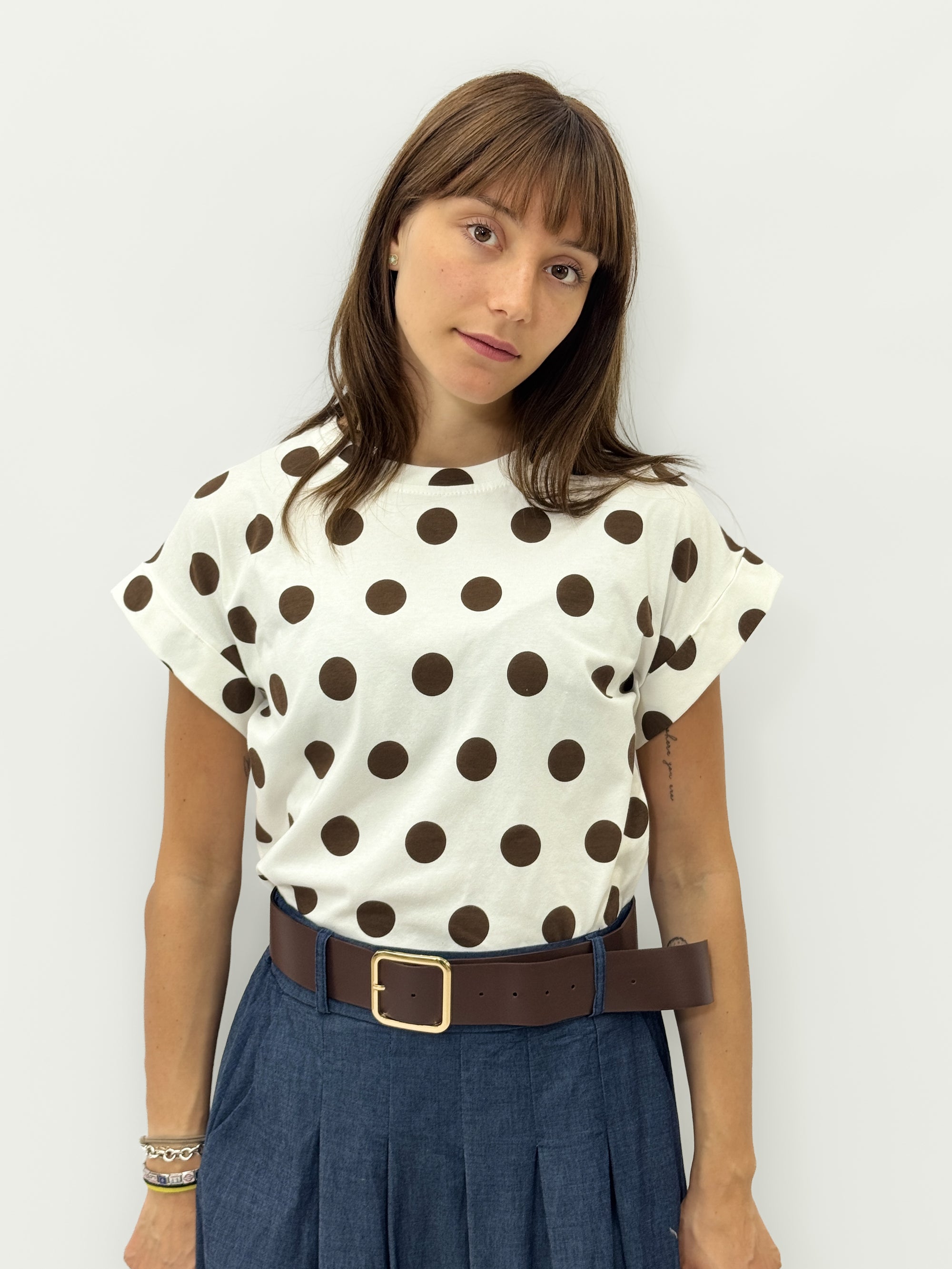 T-shirt in Cotone a Pois con Manica Risvoltata
