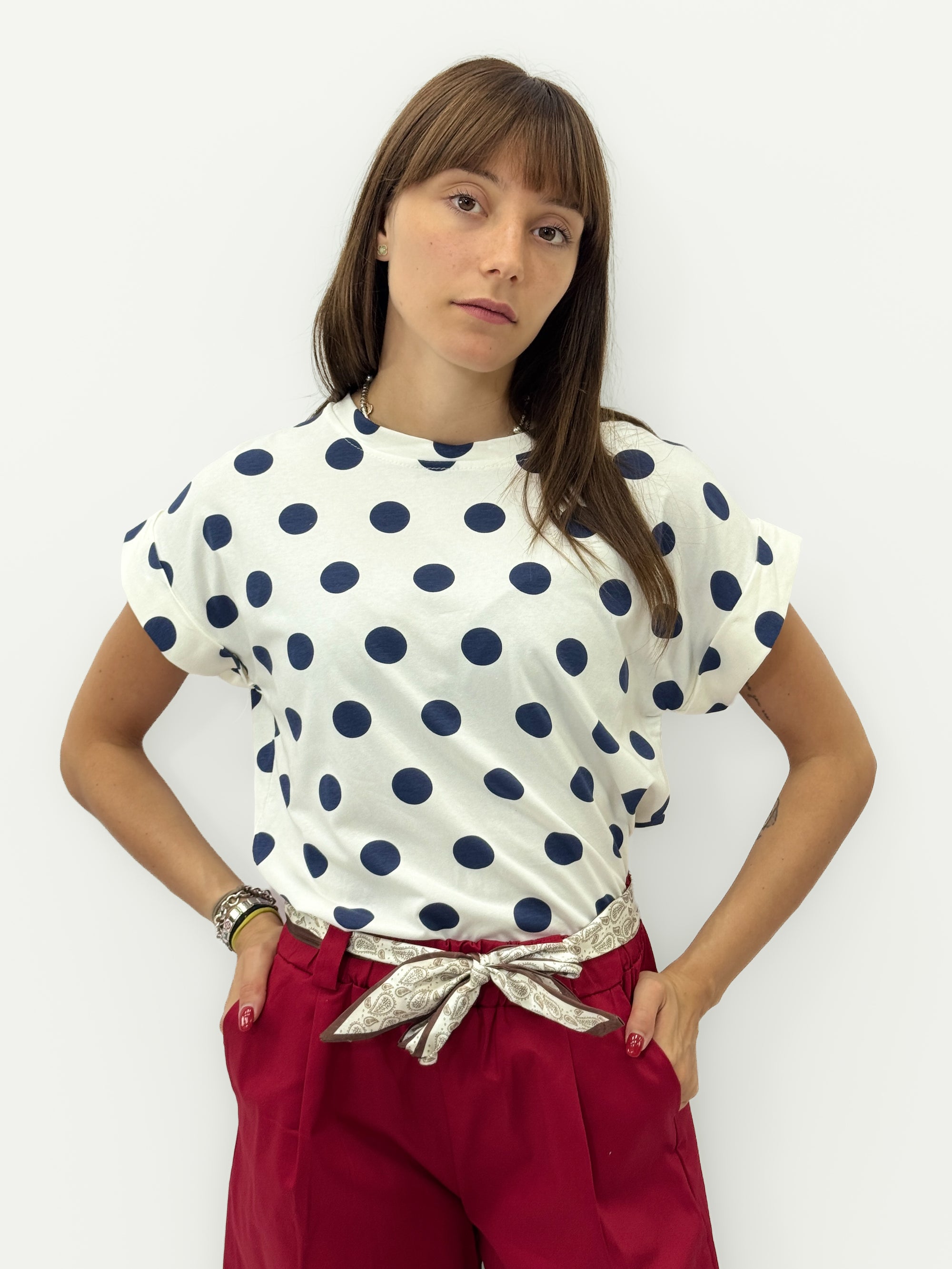 T-shirt in Cotone a Pois con Manica Risvoltata