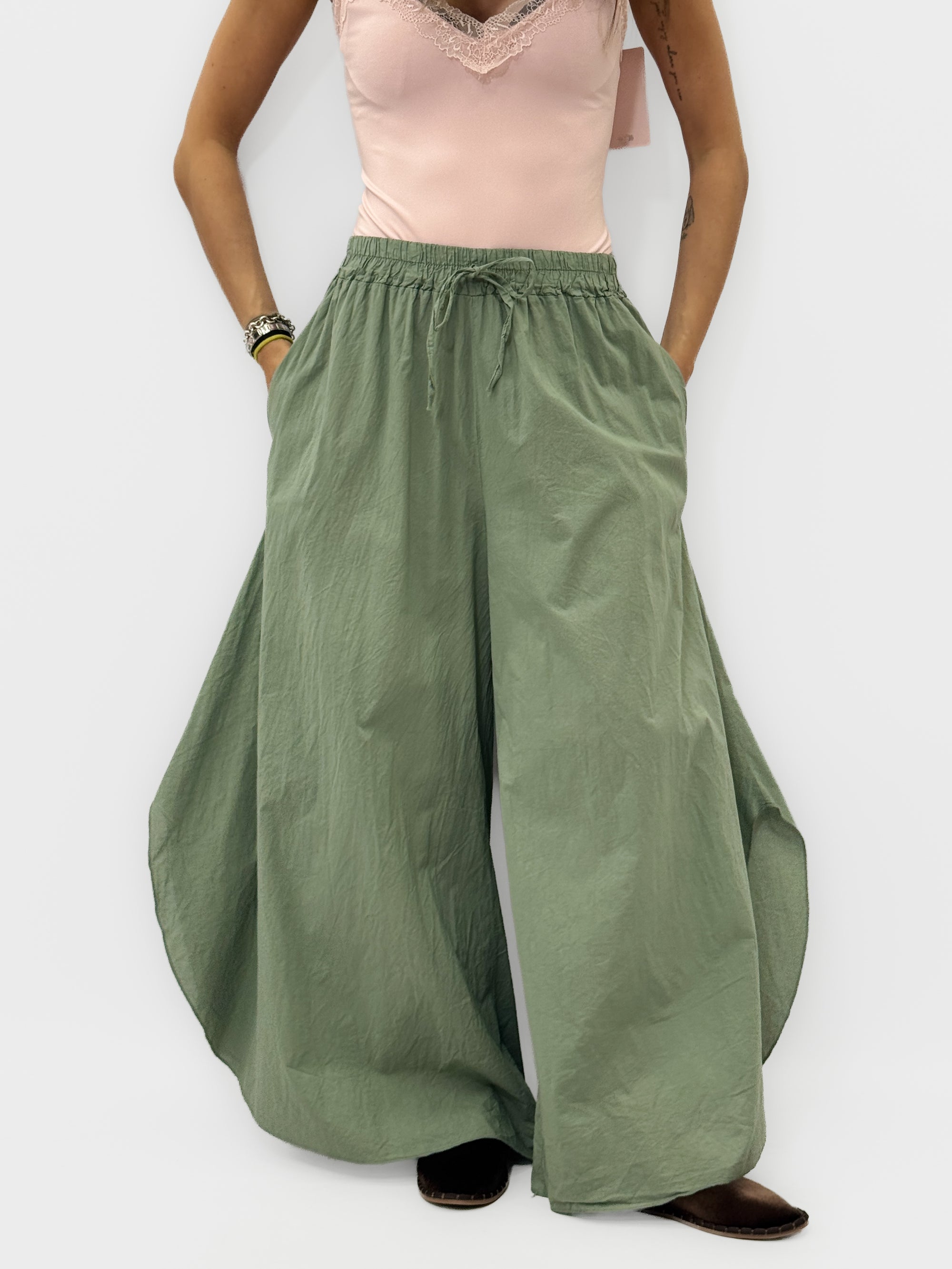 Pantalone Palazzo in Cotone Leggero con Vita Elasticizzata