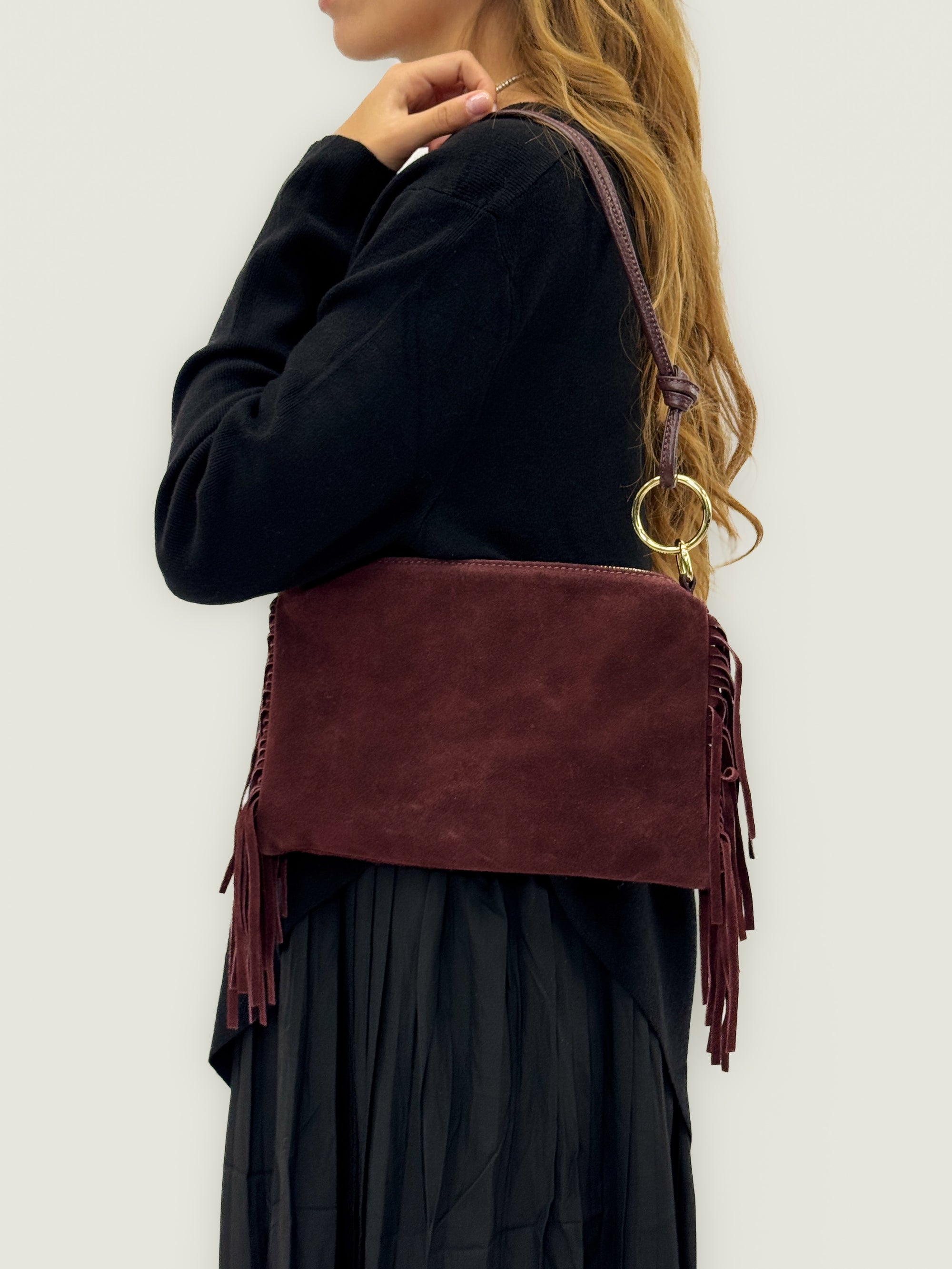 Borsa a spalla in vera pelle scamosciata con frange – Made in Italy