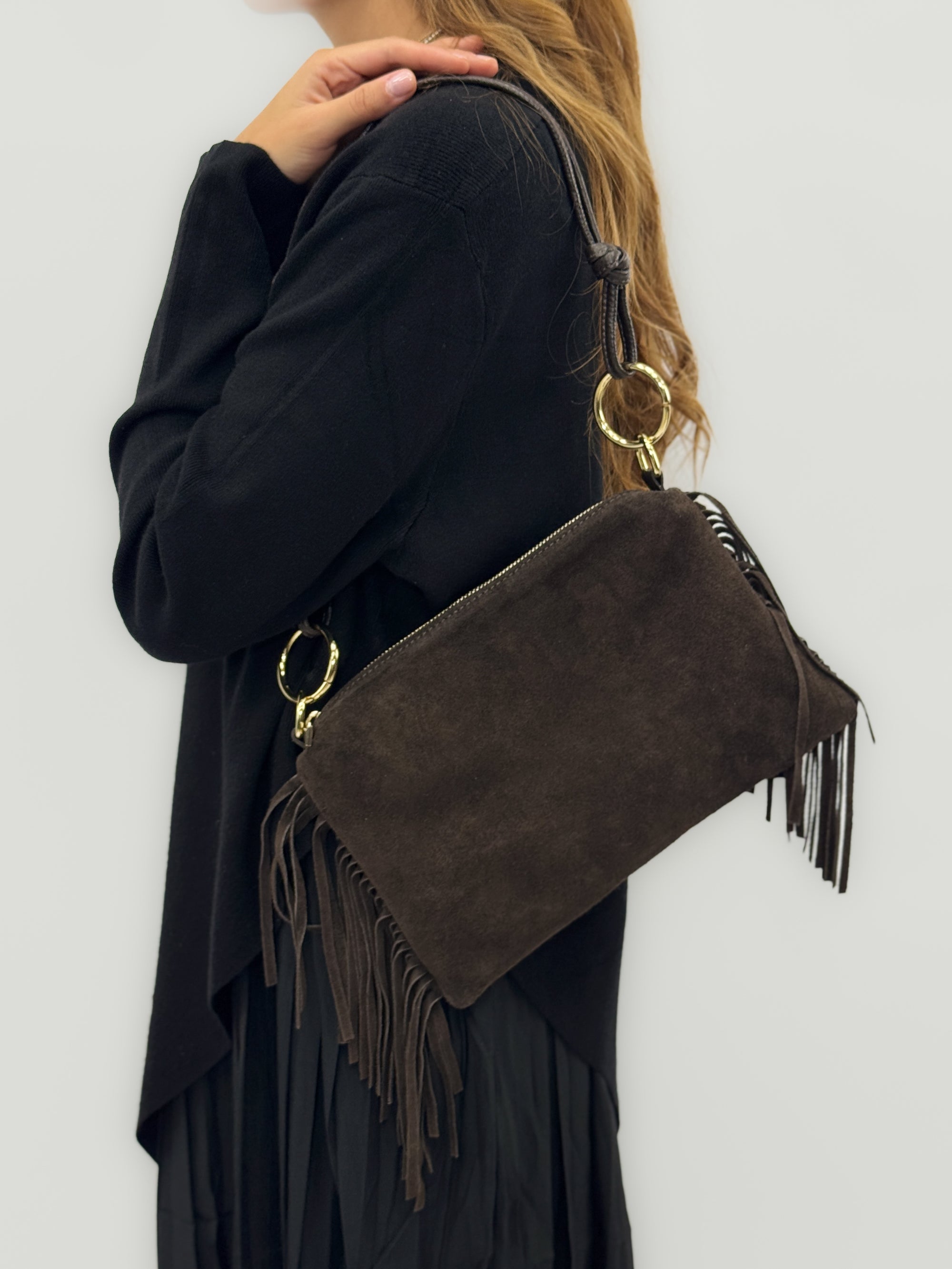 Borsa a spalla in vera pelle scamosciata con frange – Made in Italy