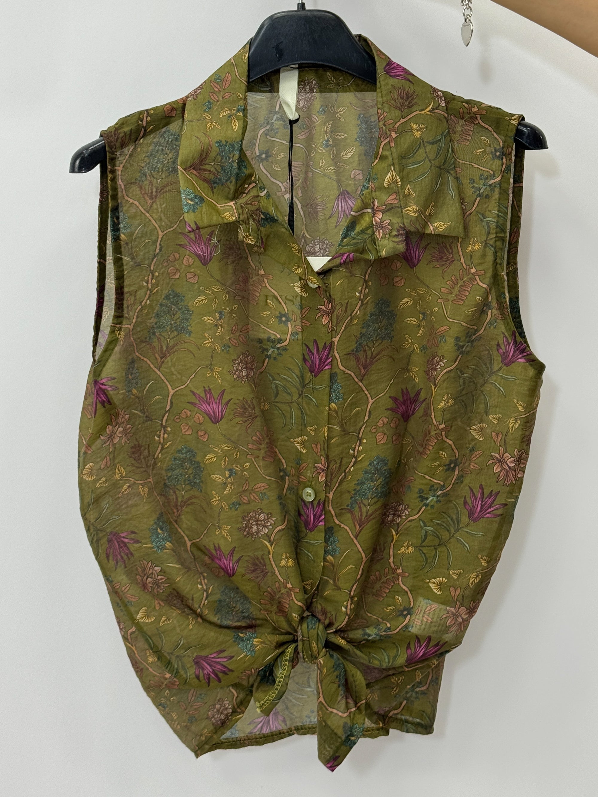 Camicia smanicata fantasia floreale con nodo