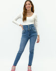 Jeans skinny vita alta con bottoni