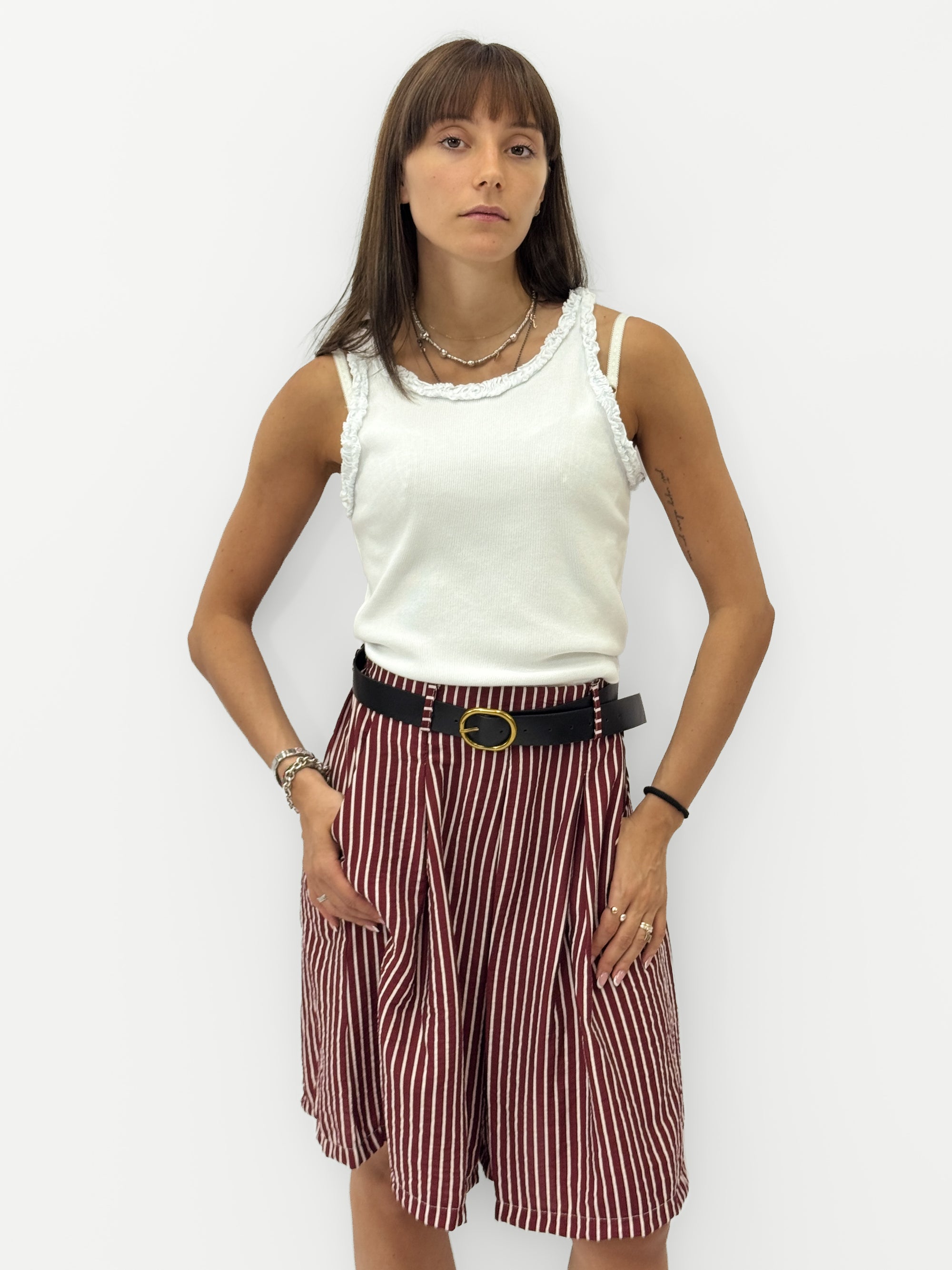 Pantalone lino a righe con pinces