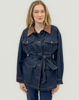 Giacca in Denim con Cintura in Vita e Colletto a Contrasto