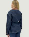 Giacca in Denim con Cintura in Vita e Colletto a Contrasto