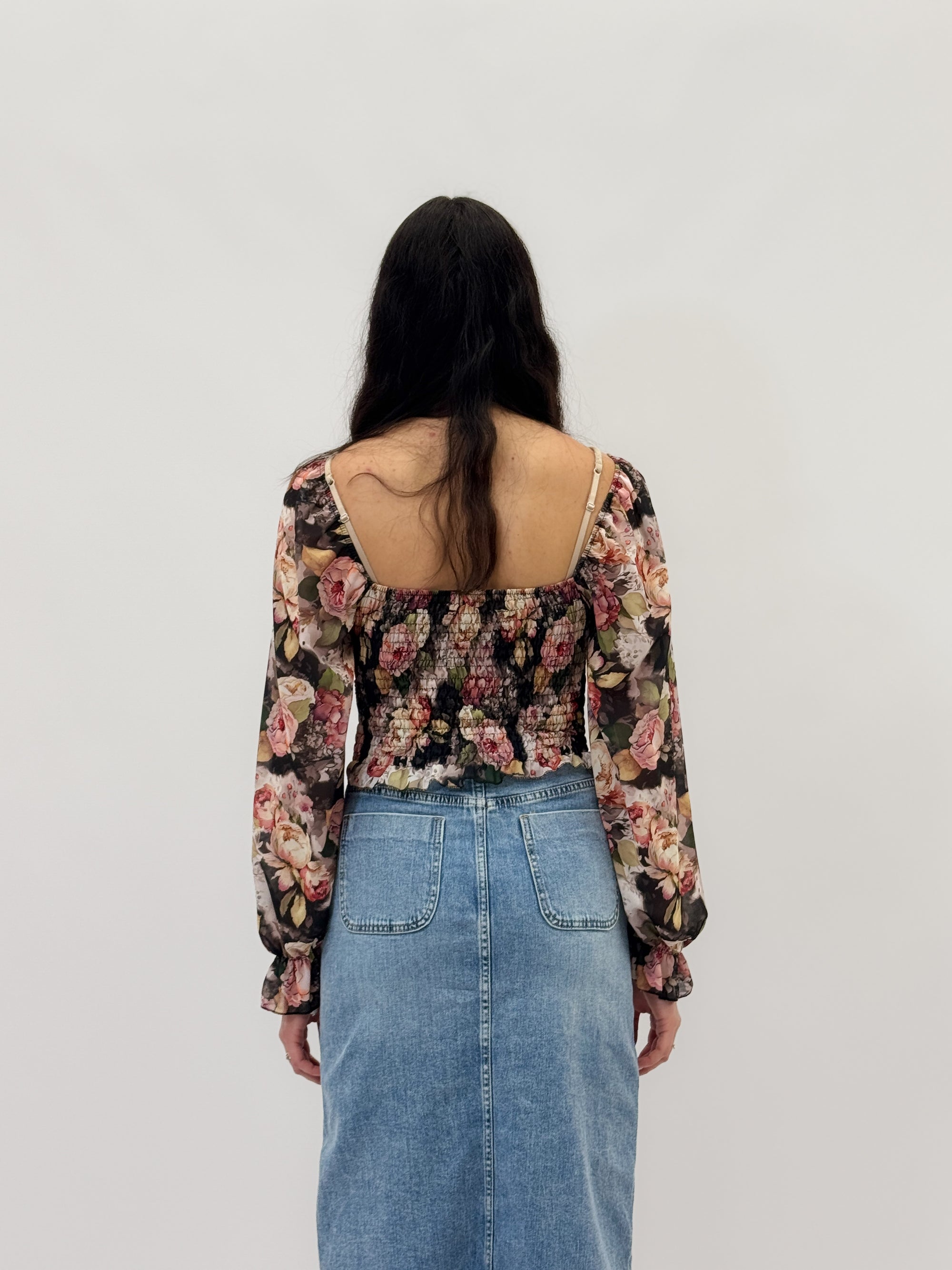 Maglia crop maniche lunghe con stampa floreale
