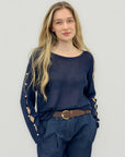 Maglia Donna con Maniche Traforate e Dettagli Perle