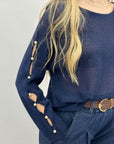 Maglia Donna con Maniche Traforate e Dettagli Perle