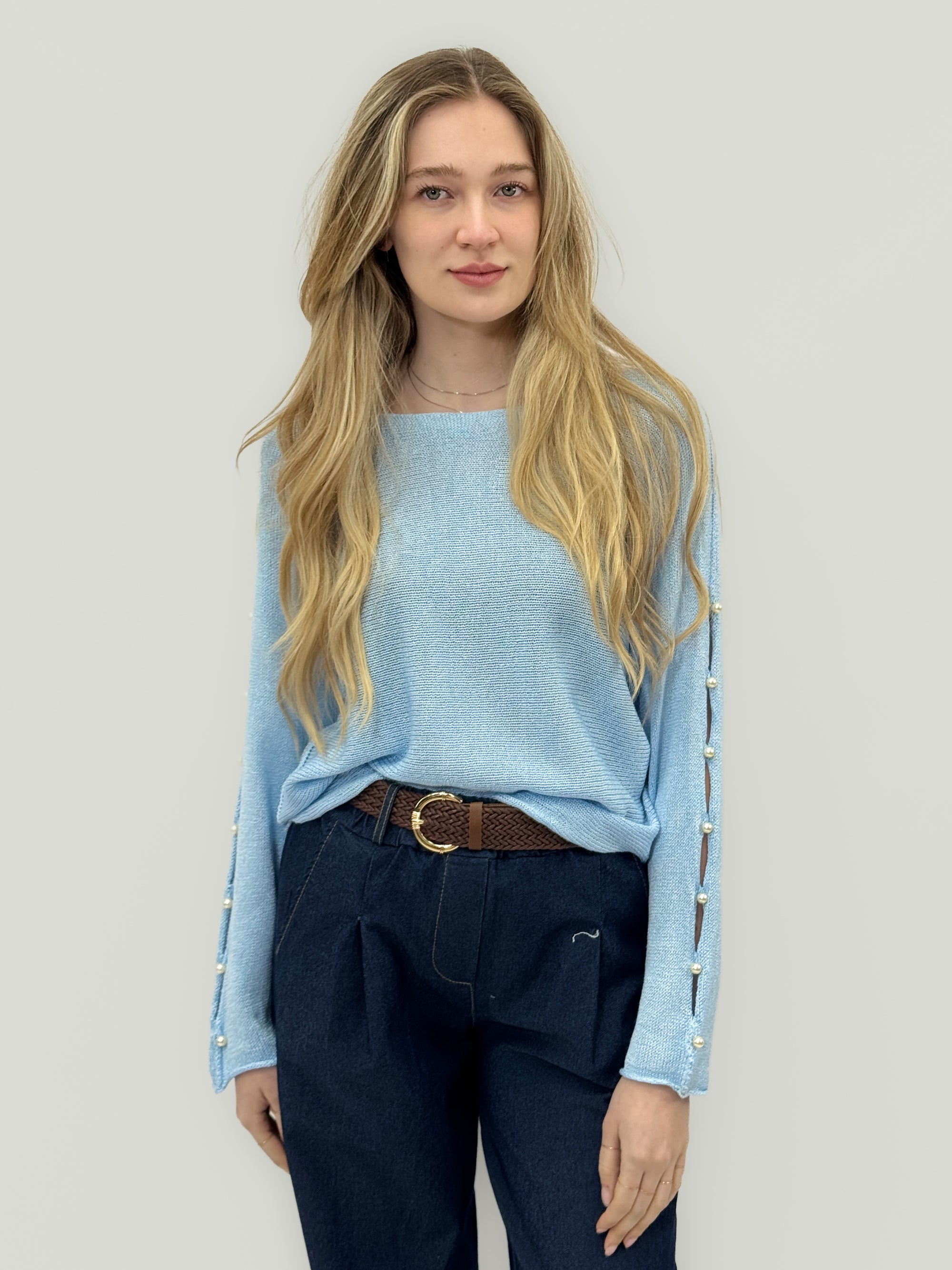 Maglia Donna con Maniche Traforate e Dettagli Perle