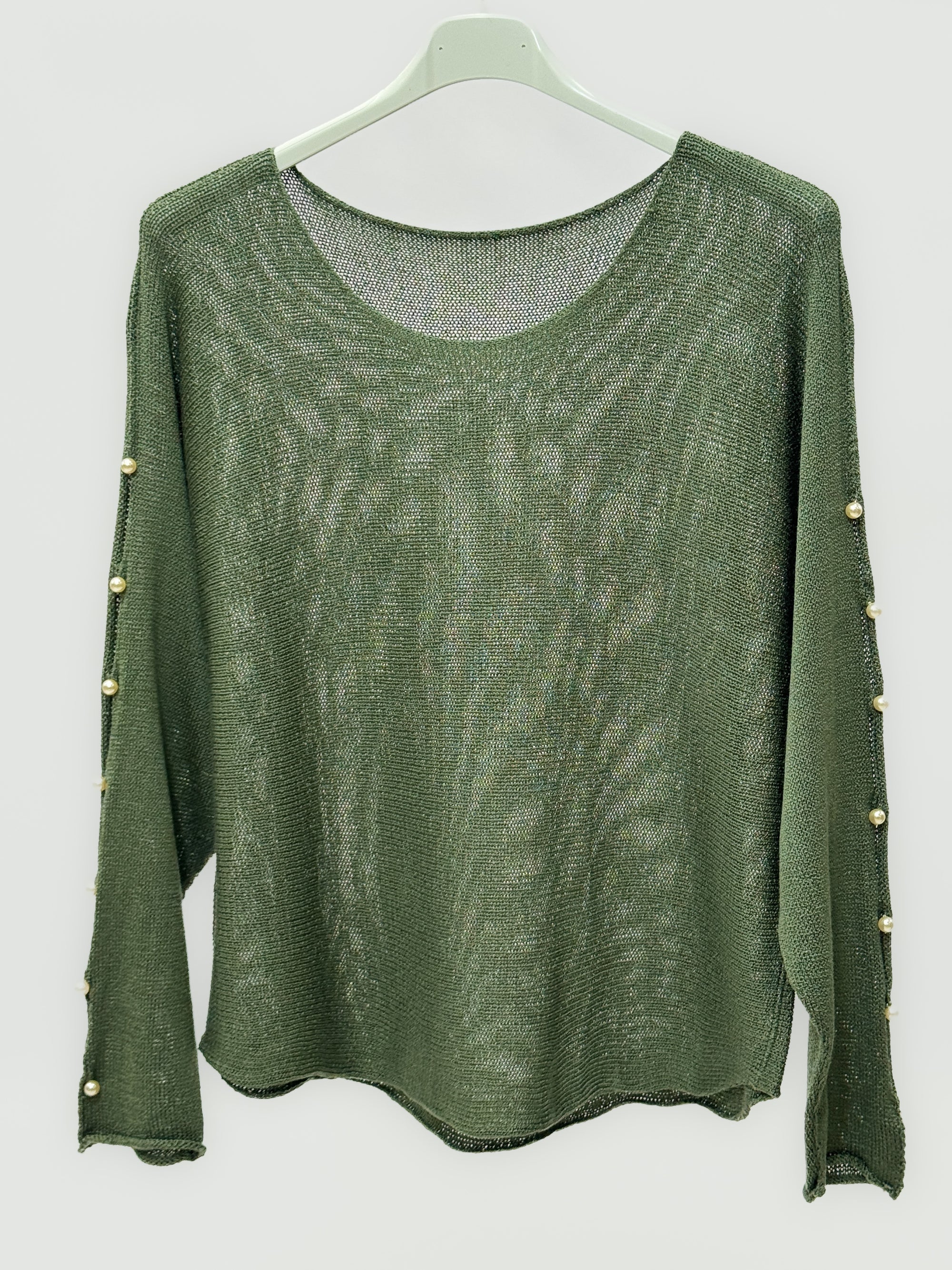 Maglia Donna con Maniche Traforate e Dettagli Perle