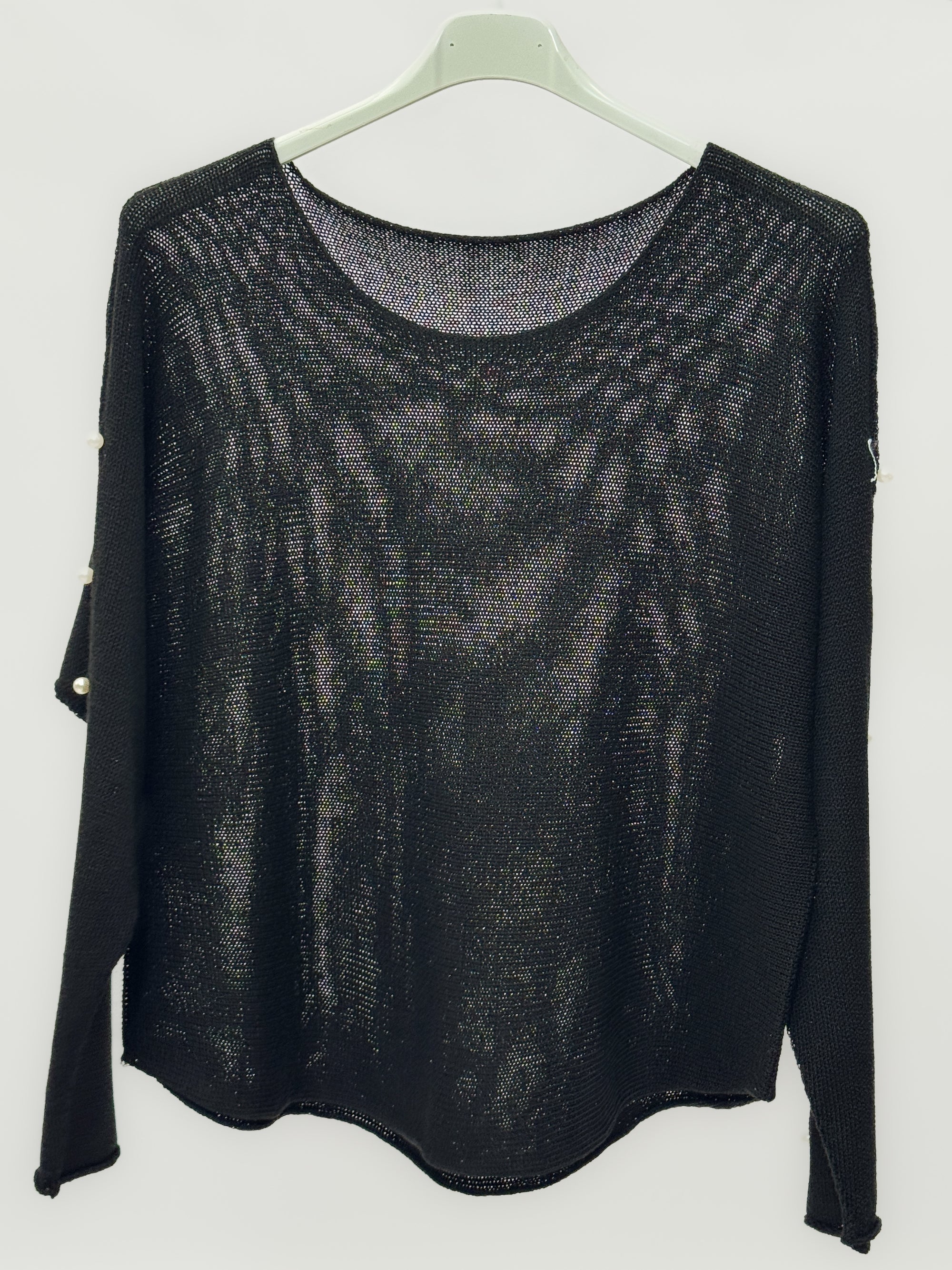 Maglia Donna con Maniche Traforate e Dettagli Perle