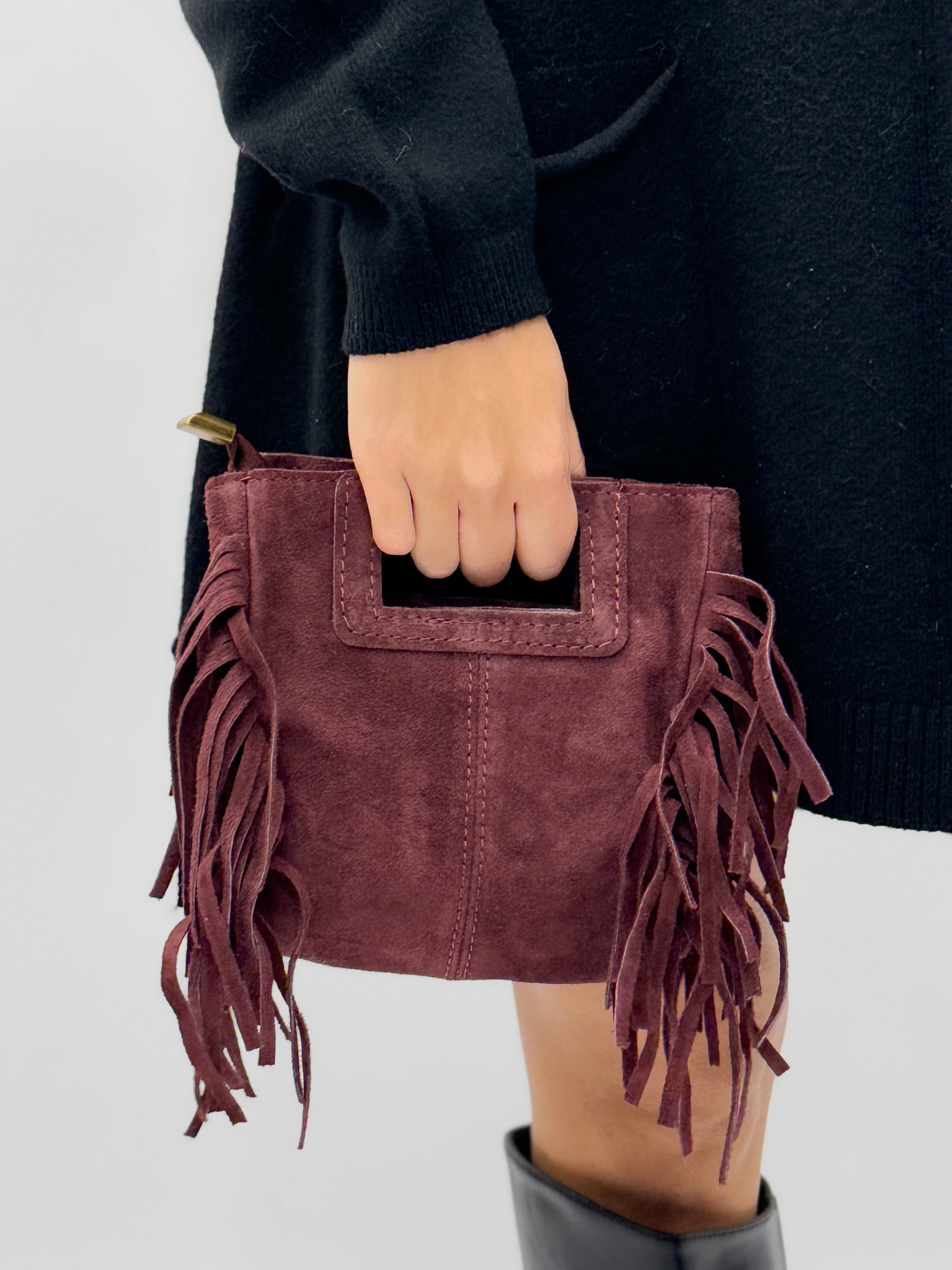 Borsa mini in vera pelle scamosciata con frange – Made in Italy