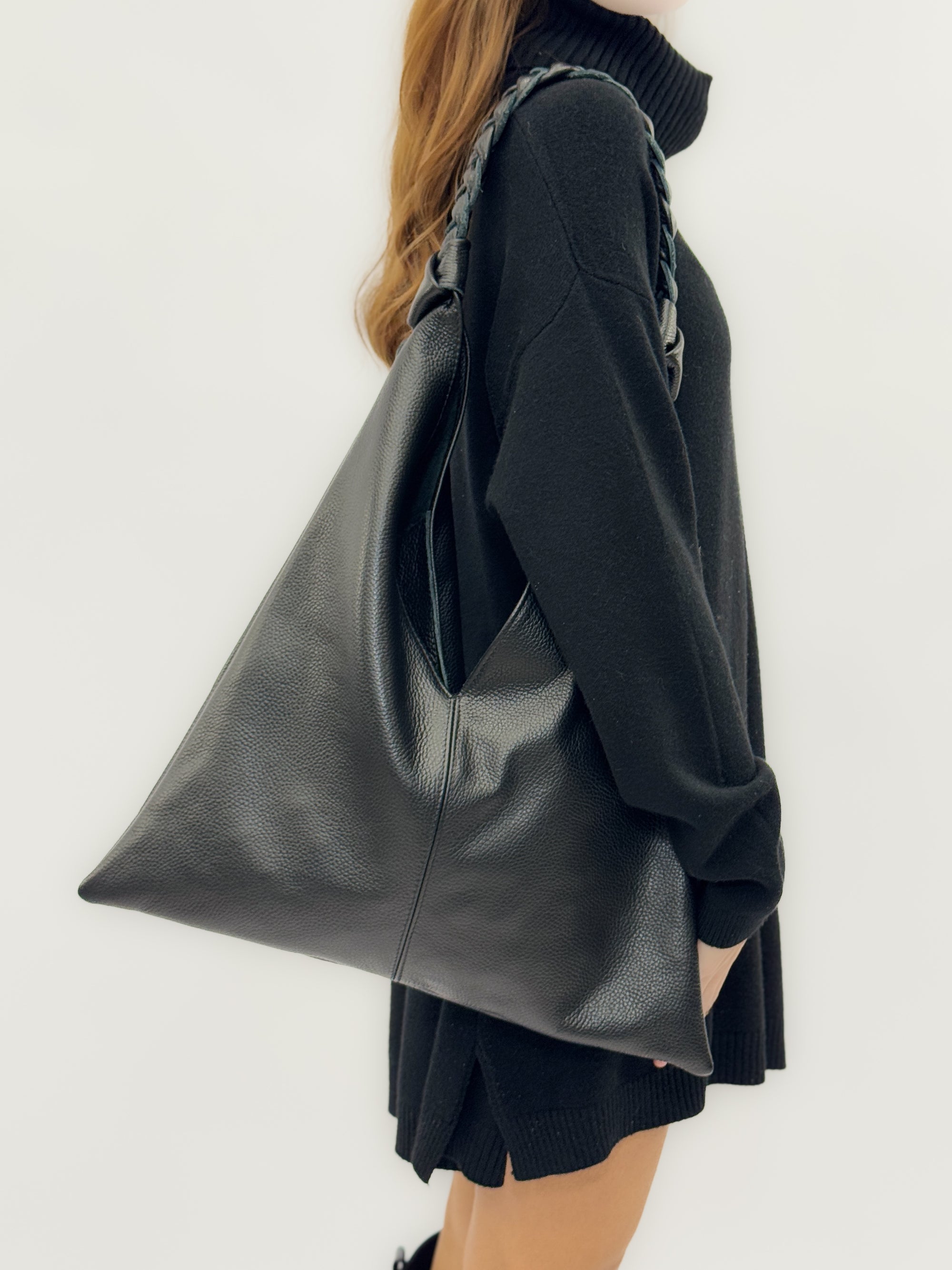 Borsa shopper in vera pelle con zip e manico intrecciato - Made in Italy