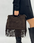 Borsa in vera pelle scamosciata con borchie e frange - Made in Italy