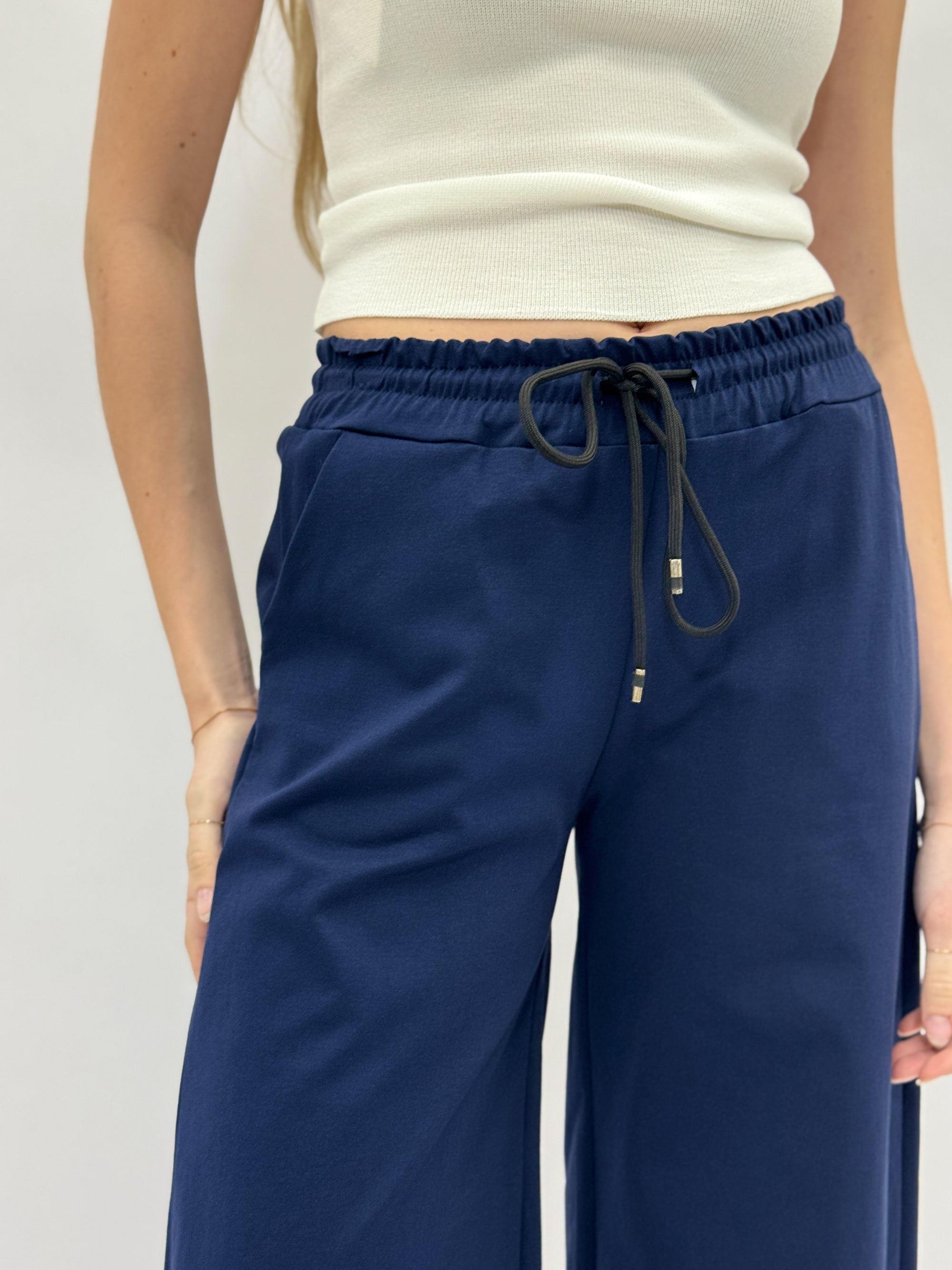 Pantaloni Donna Palazzo con Vita Elasticizzata e Laccio Regolabile