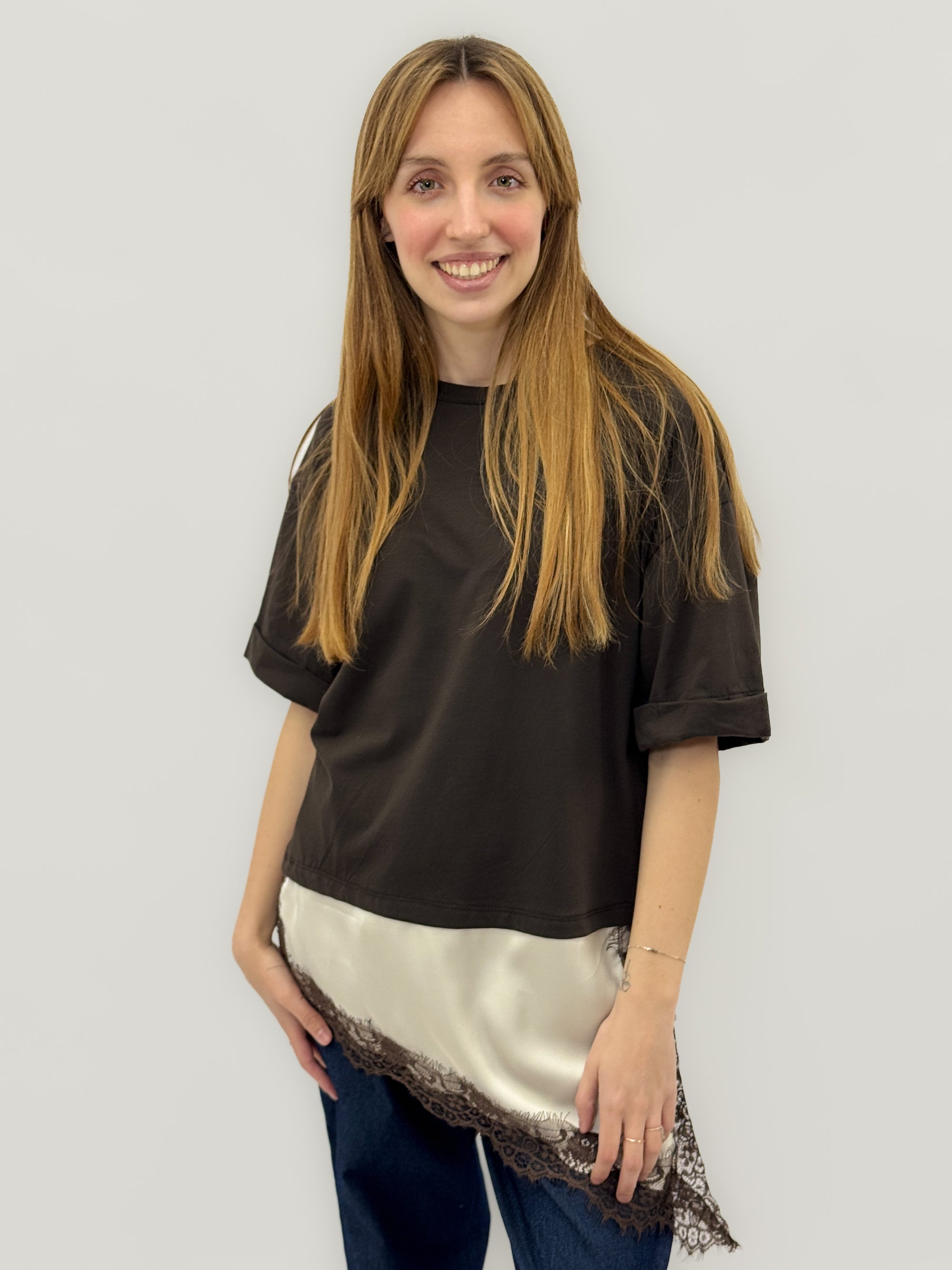 T-shirt In cotone con Inserto in Pizzo
