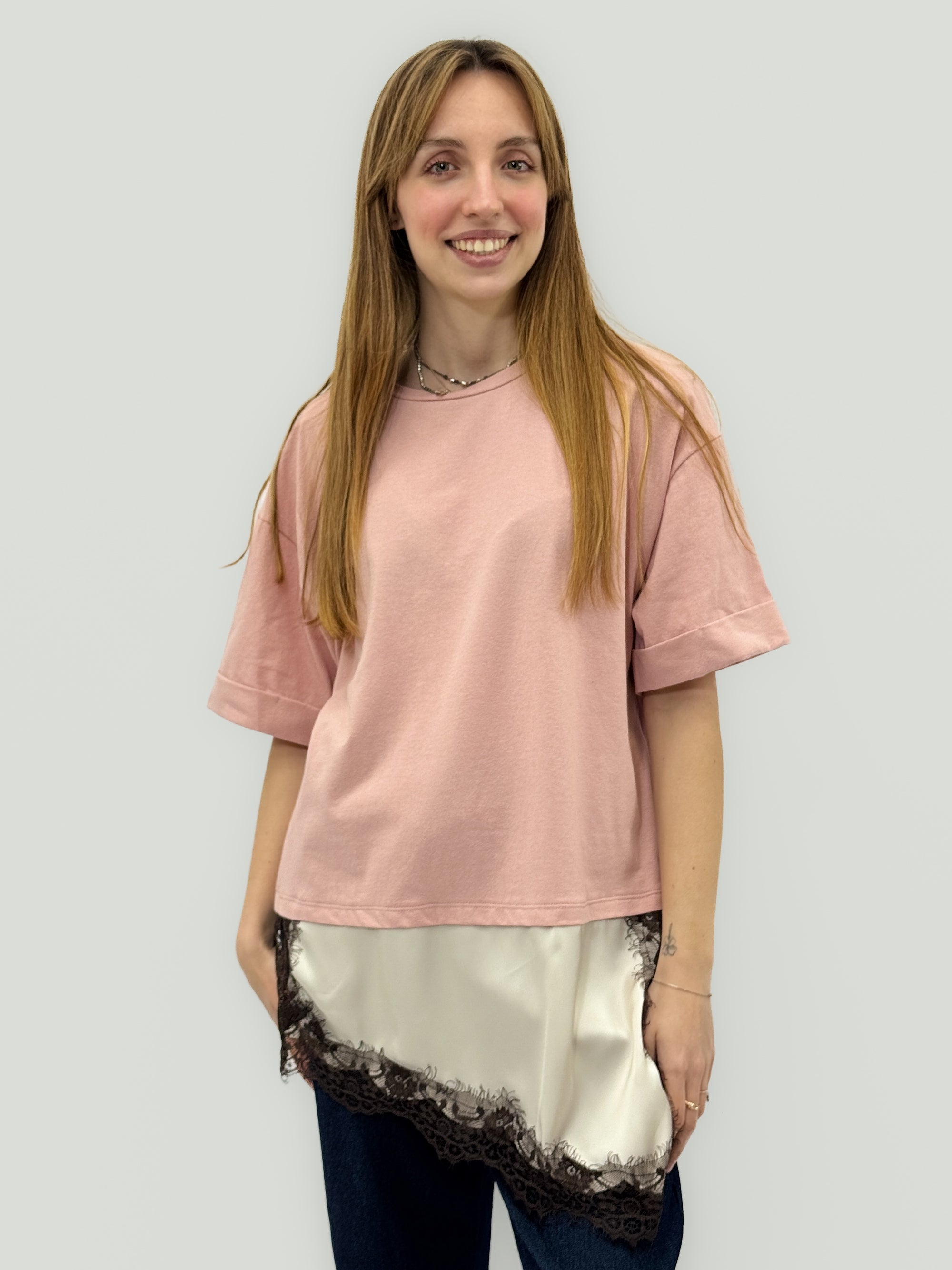 T-shirt In cotone con Inserto in Pizzo