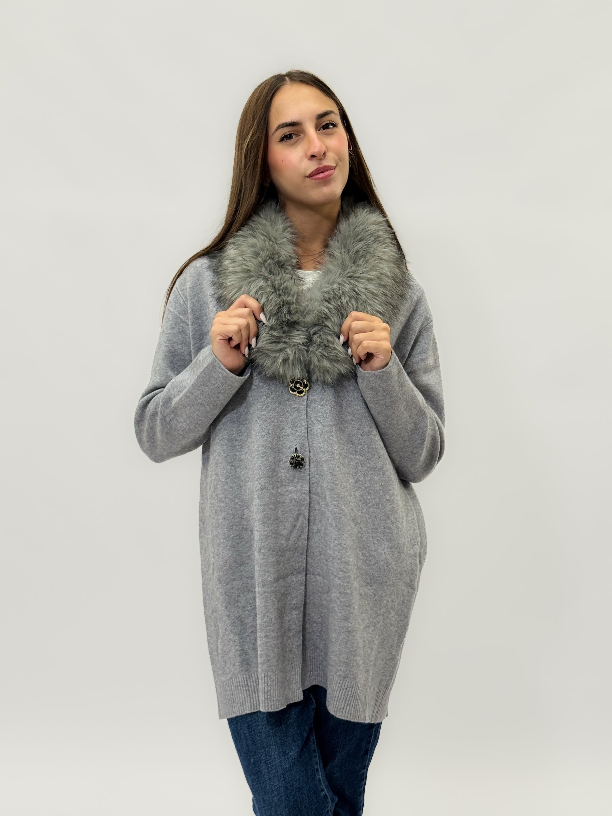 Cardigan lungo con collo in ecopelliccia