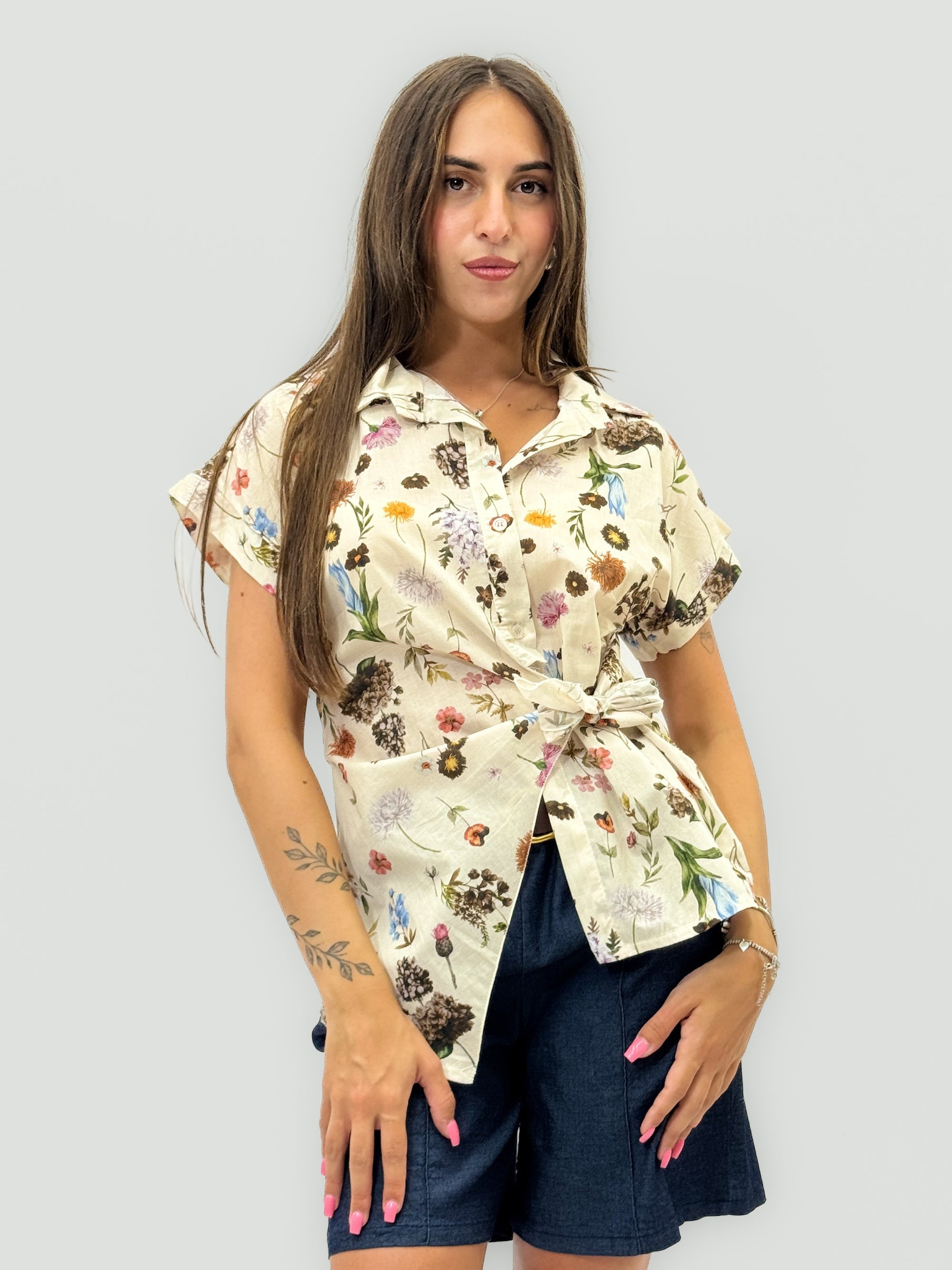 Camicia in Cotone con Stampa Floreale e Nodo