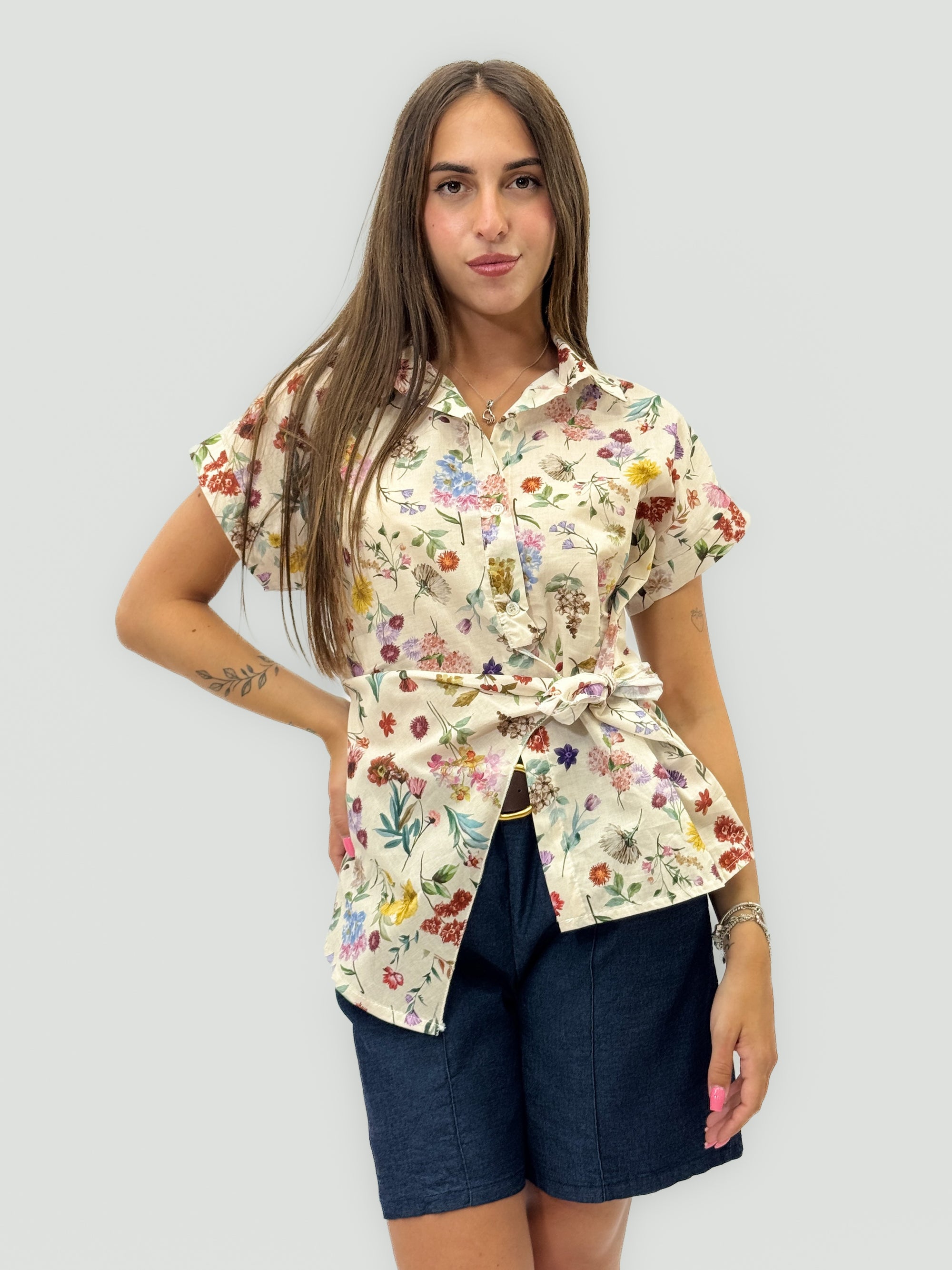 Camicia in Cotone con Stampa Floreale e Nodo