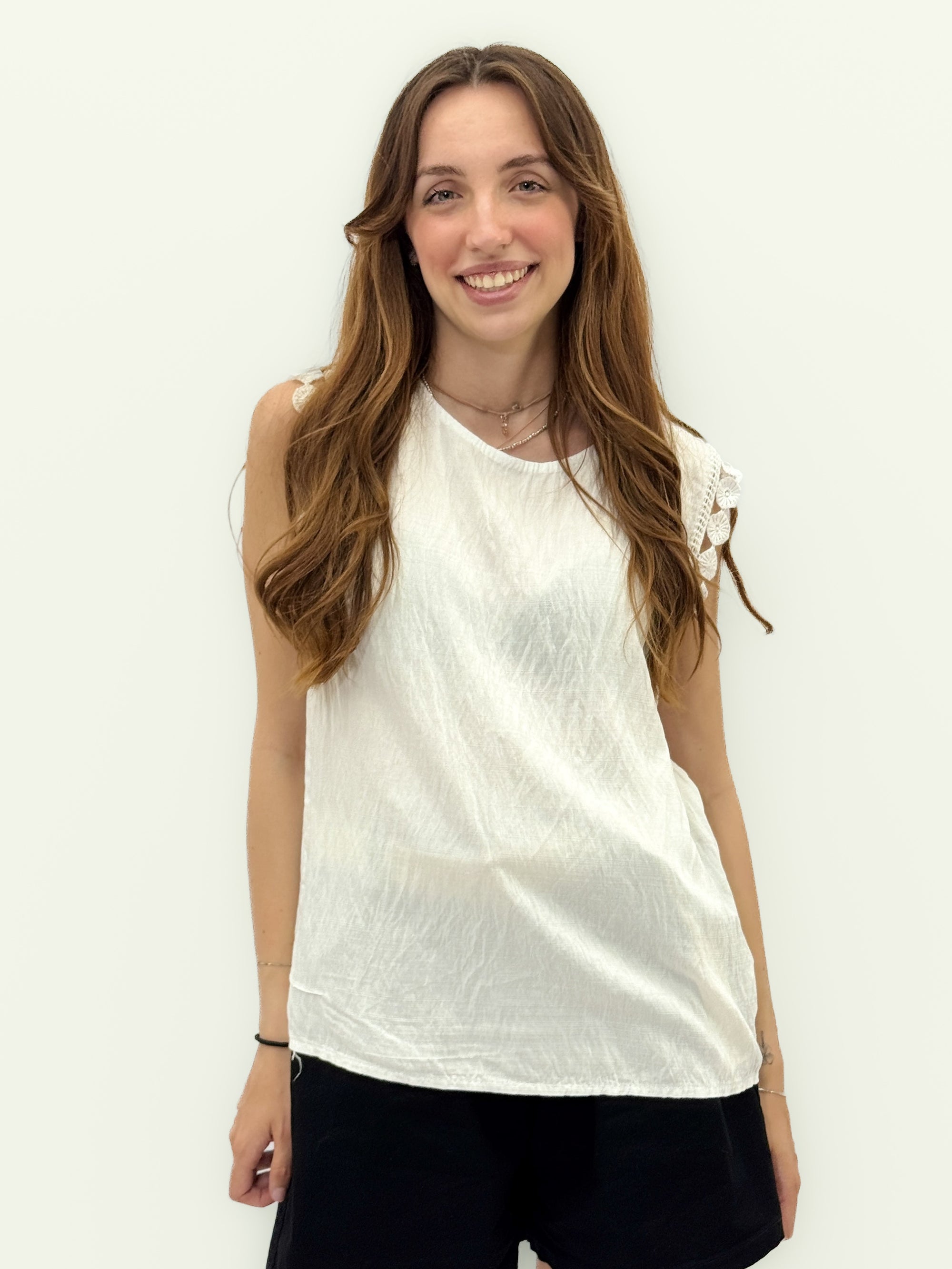 Top Donna Smanicato con Dettaglio Spalle Lavorate