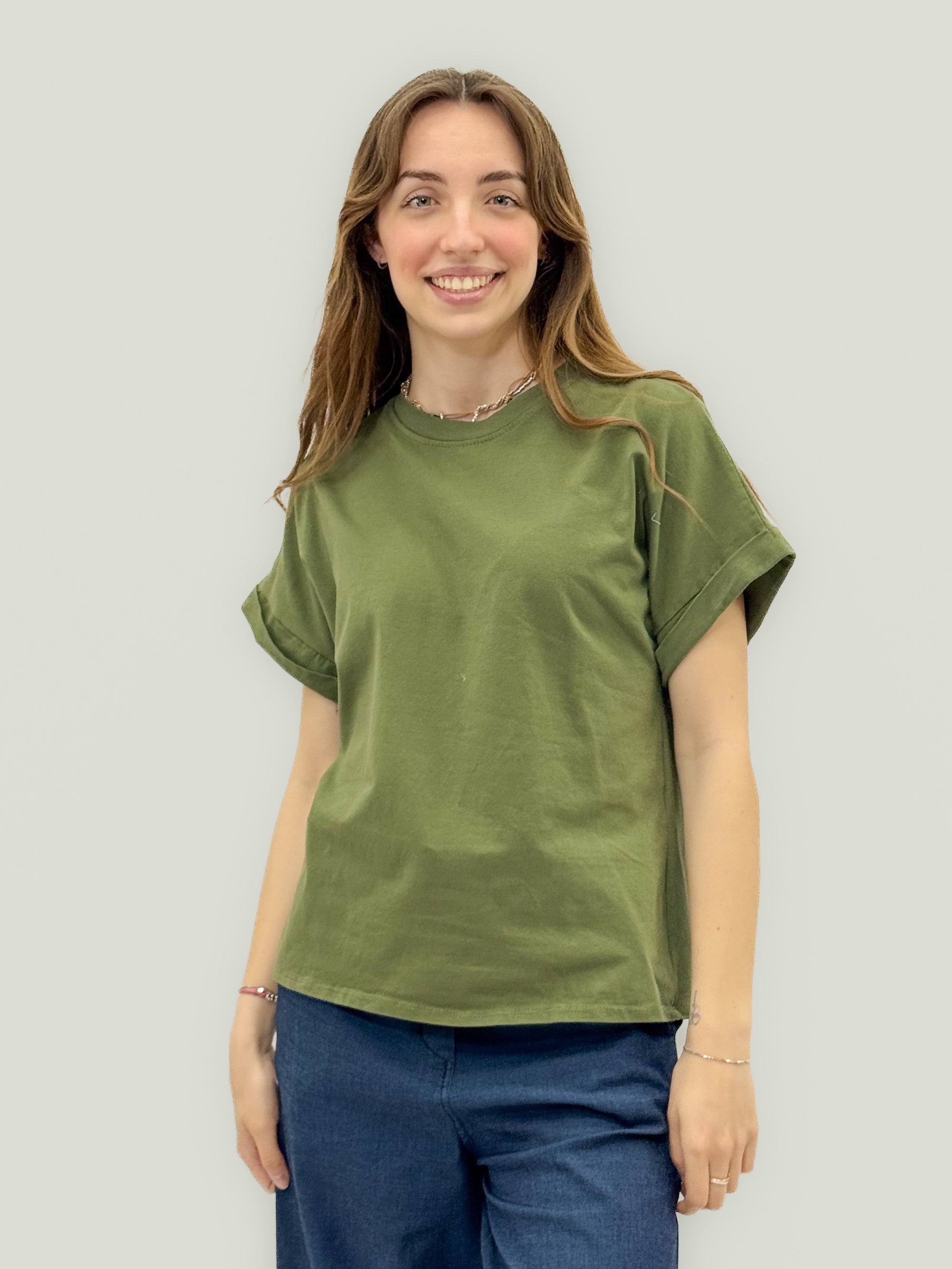 T-Shirt Donna in Cotone con Maniche Risvoltate