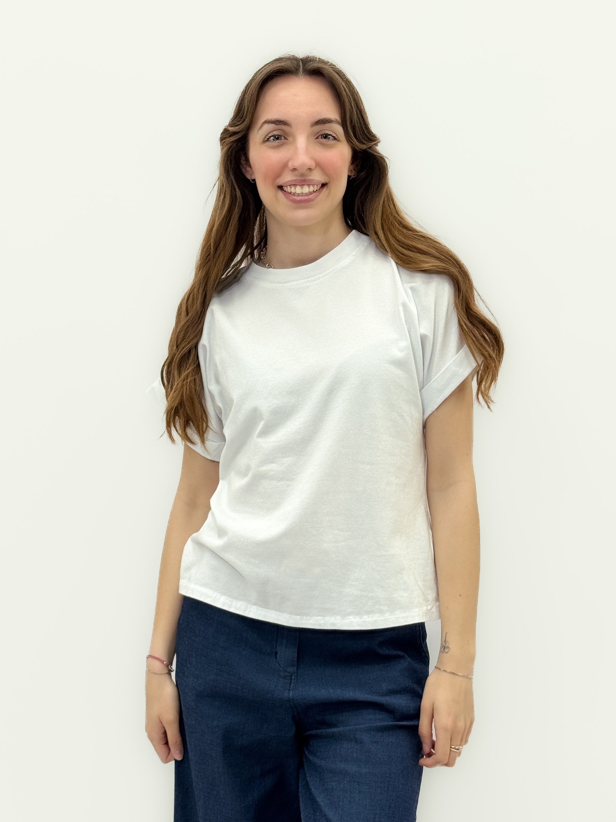 T-Shirt Donna in Cotone con Maniche Risvoltate