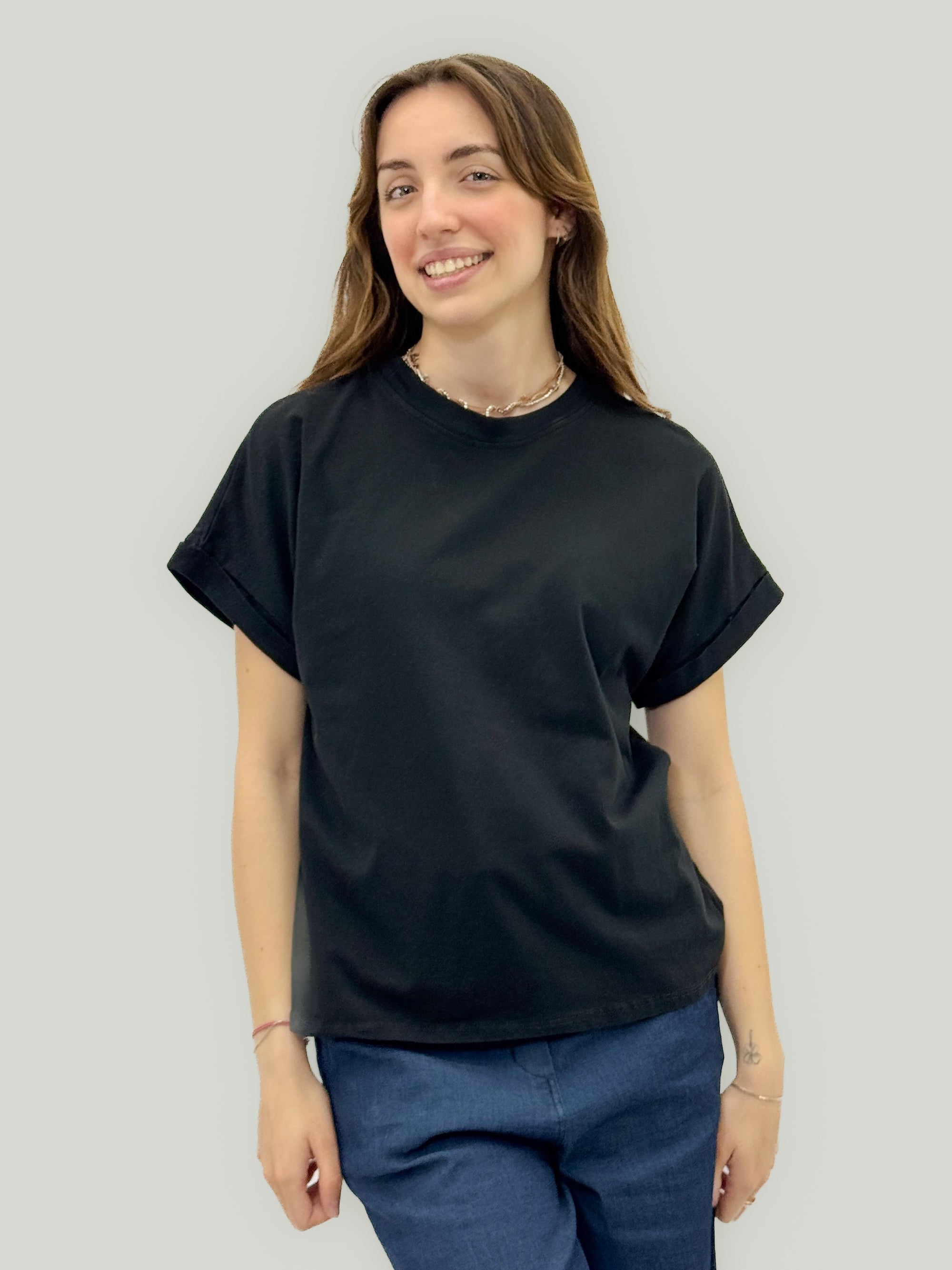 T-Shirt Donna in Cotone con Maniche Risvoltate