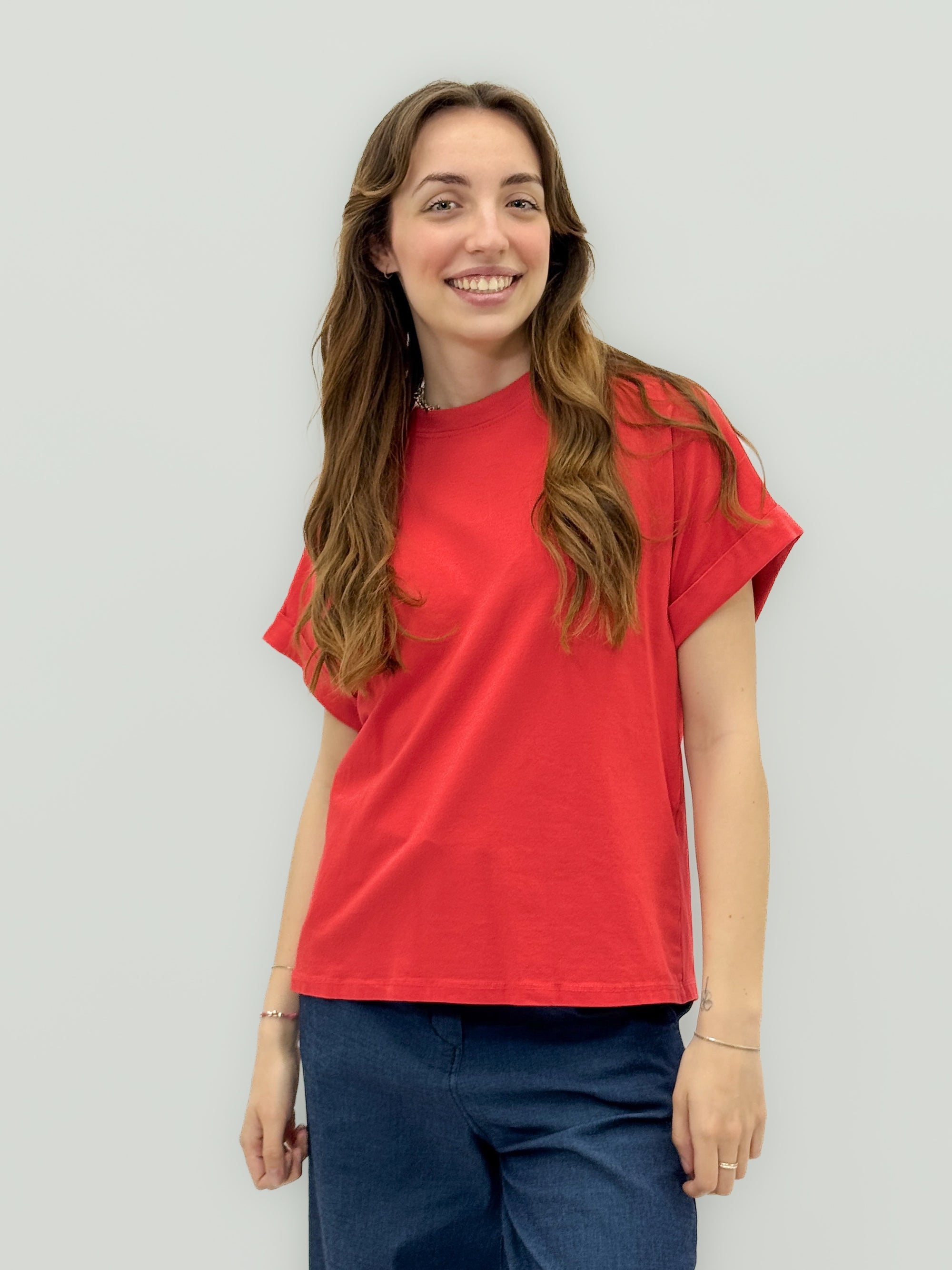 T-Shirt Donna in Cotone con Maniche Risvoltate