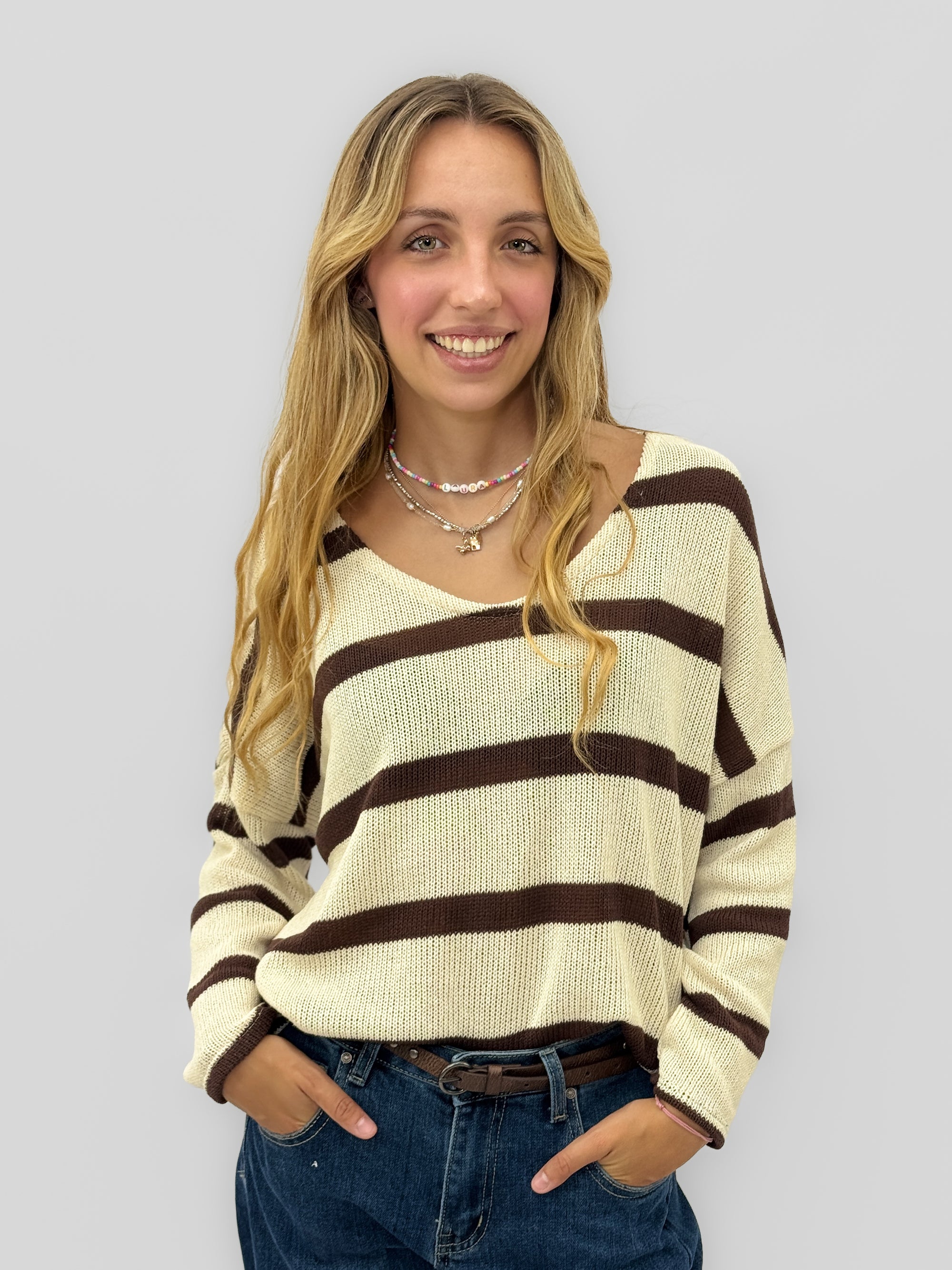 Maglia donna a righe con maniche tre quarti
