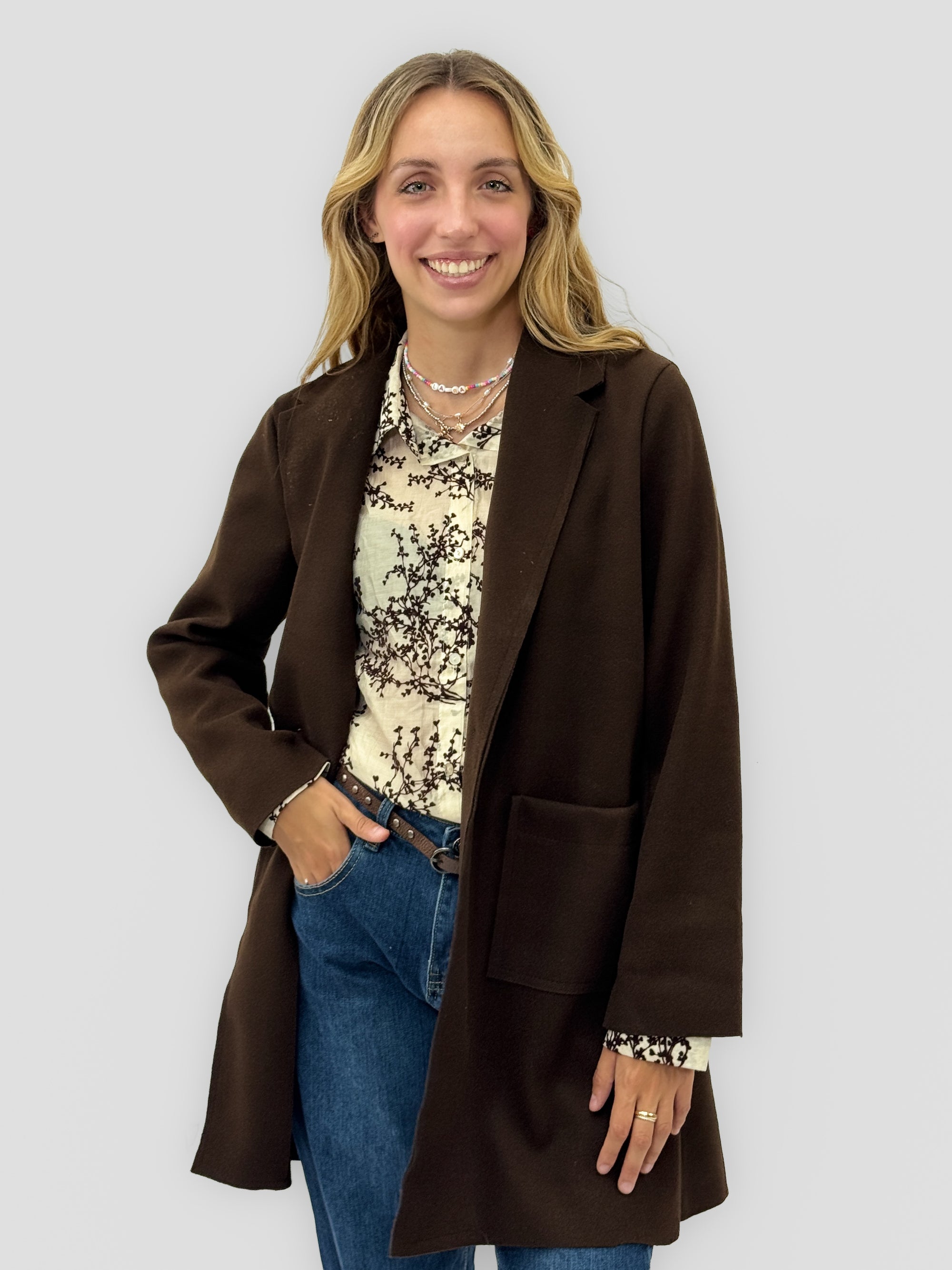 Giacca cardigan lunga donna con revers e tasche