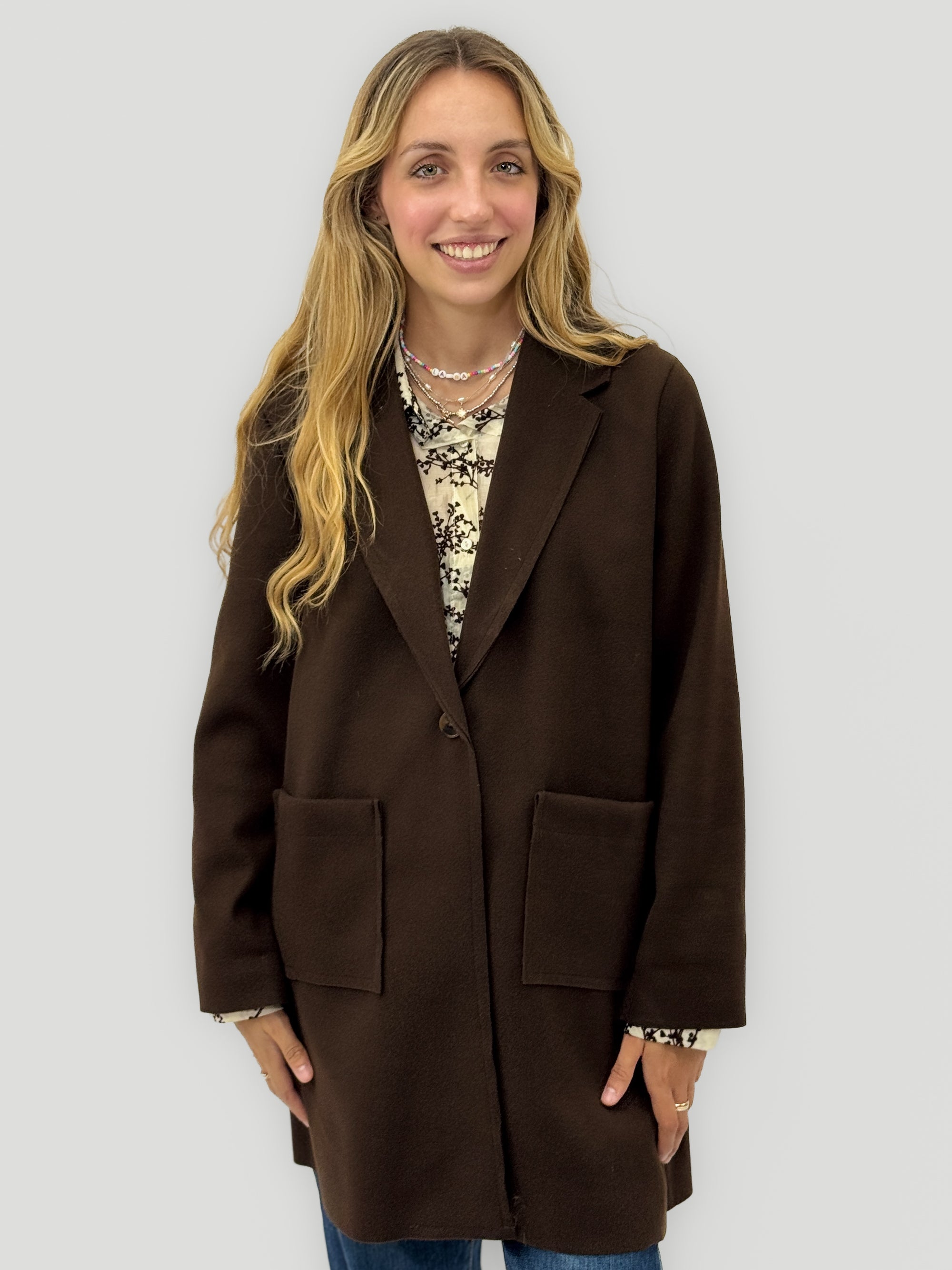 Giacca cardigan lunga donna con revers e tasche