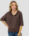 Cardigan donna con cappuccio, zip e fondo asimmetrico