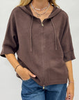 Cardigan donna con cappuccio, zip e fondo asimmetrico